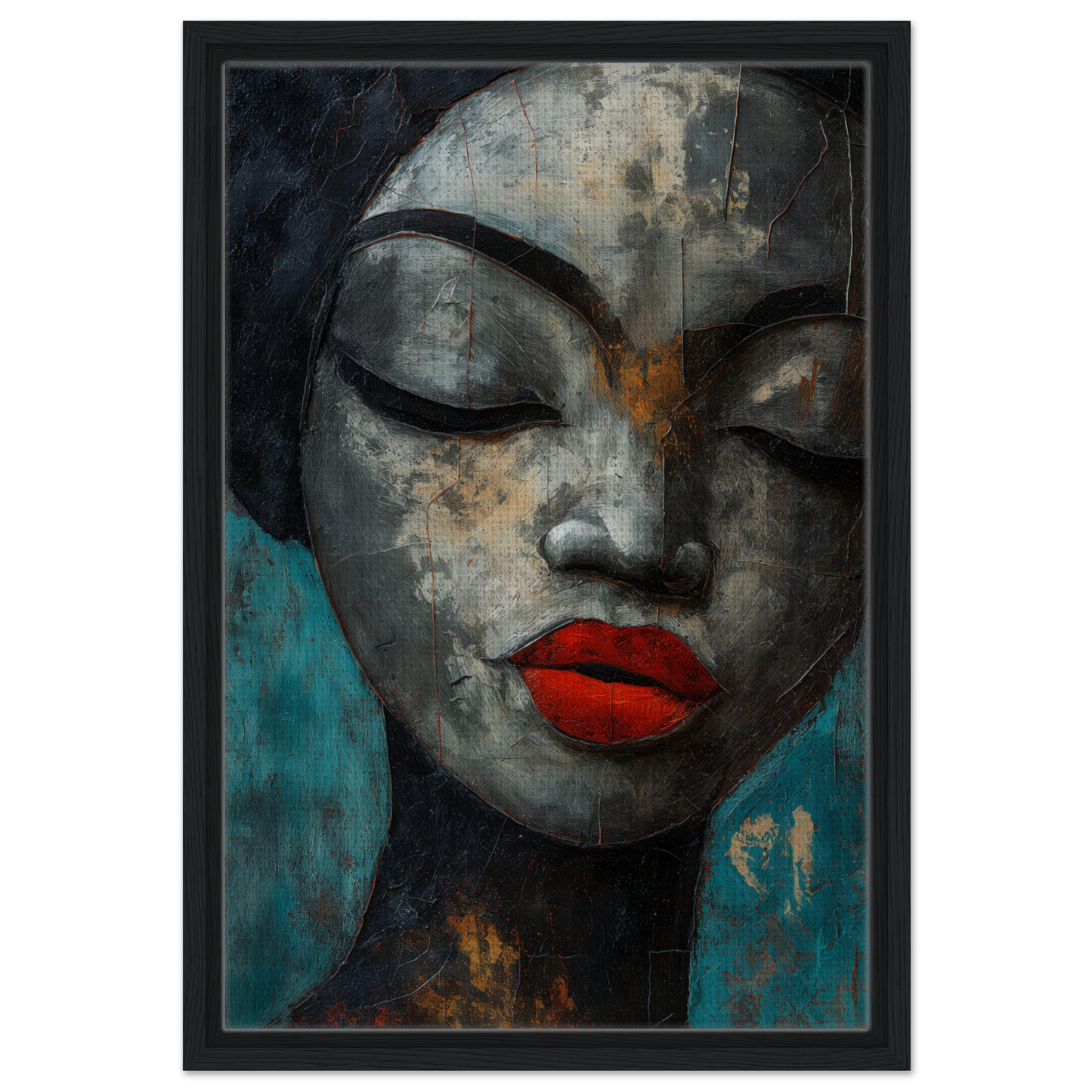 Stylized portrait painting with closed eyes and red lips, part of Meditative Sansword Reveries