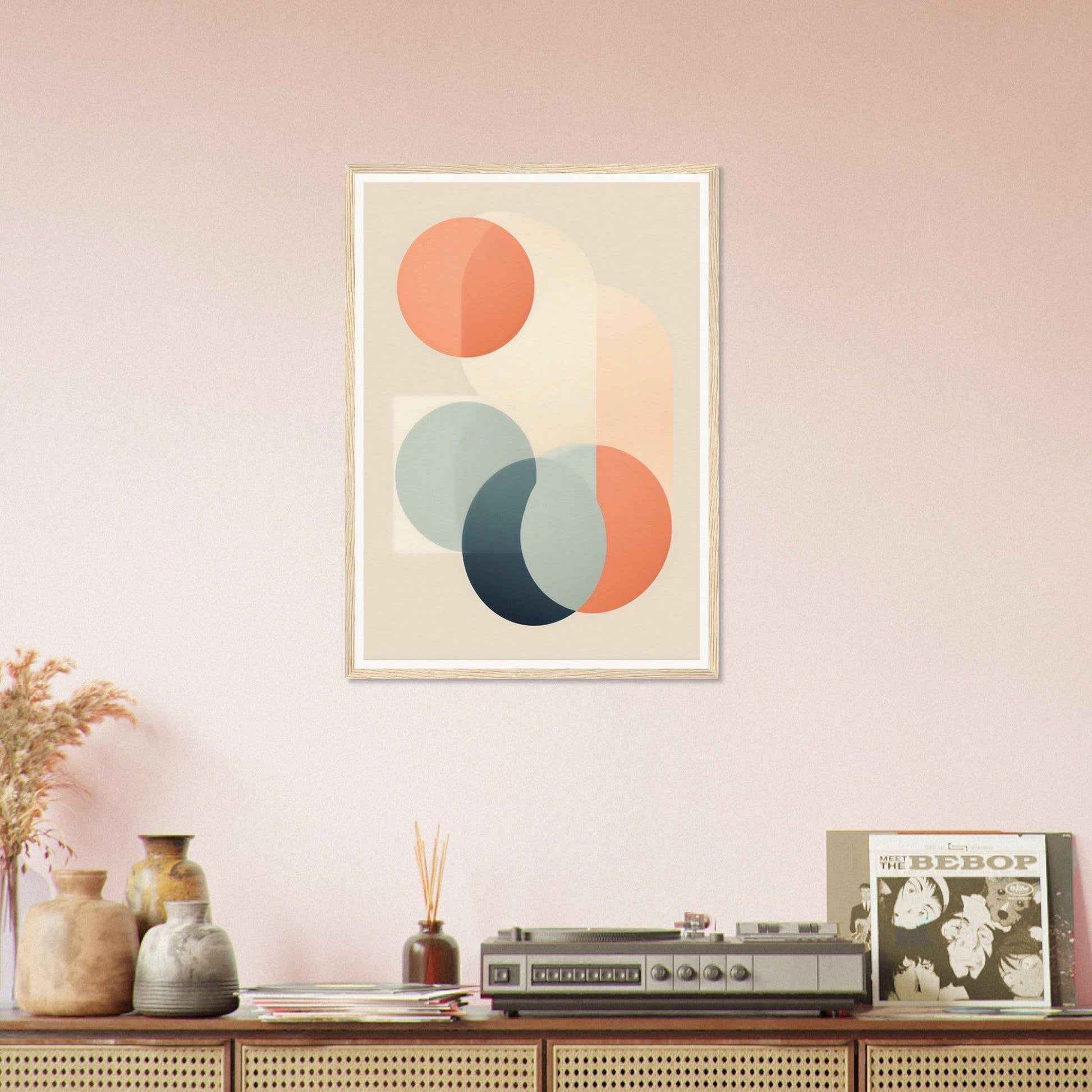 Abstract geometric art print featuring circular shapes in muted orange and blue tones.