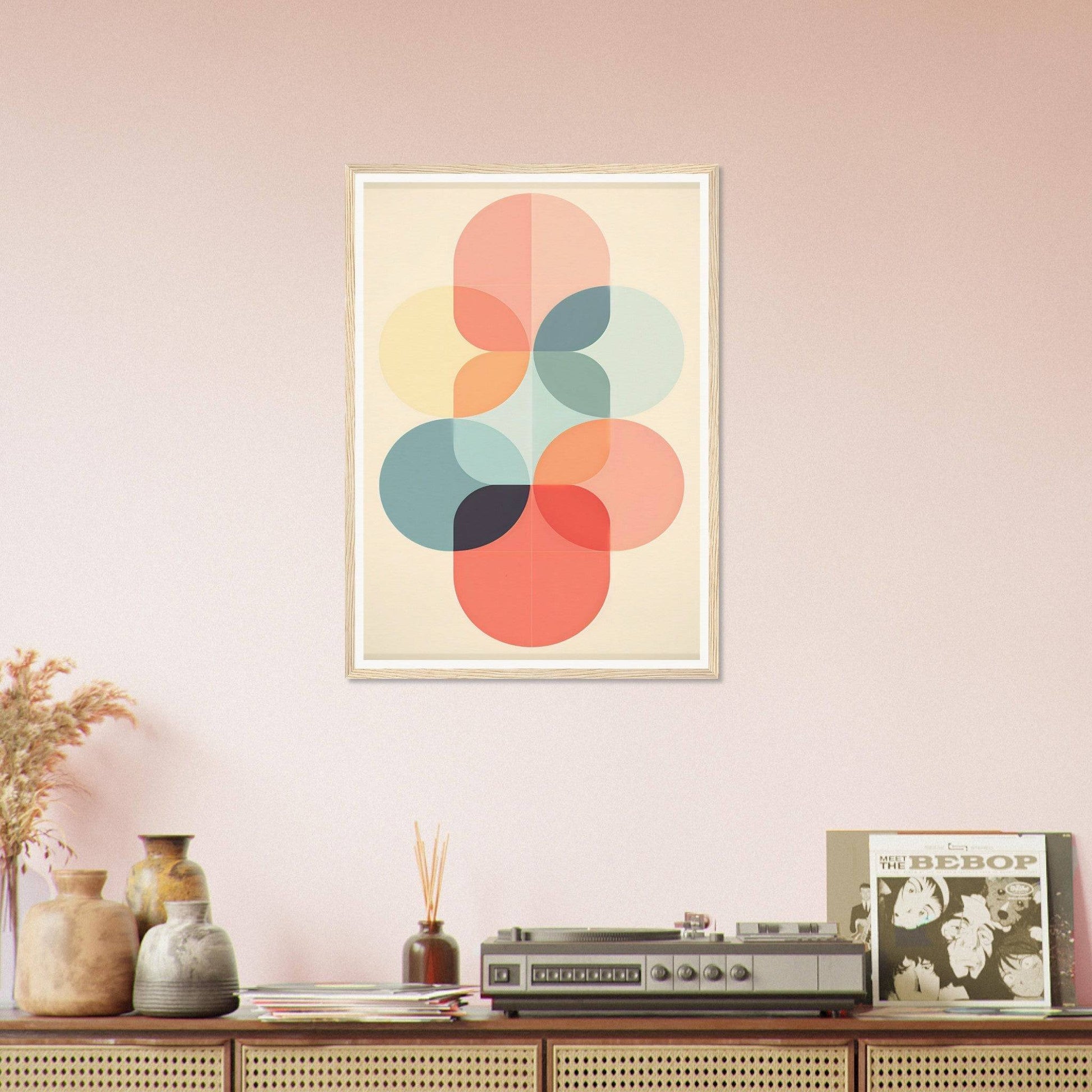 Abstract geometric artwork featuring overlapping pastel-colored circles and shapes.