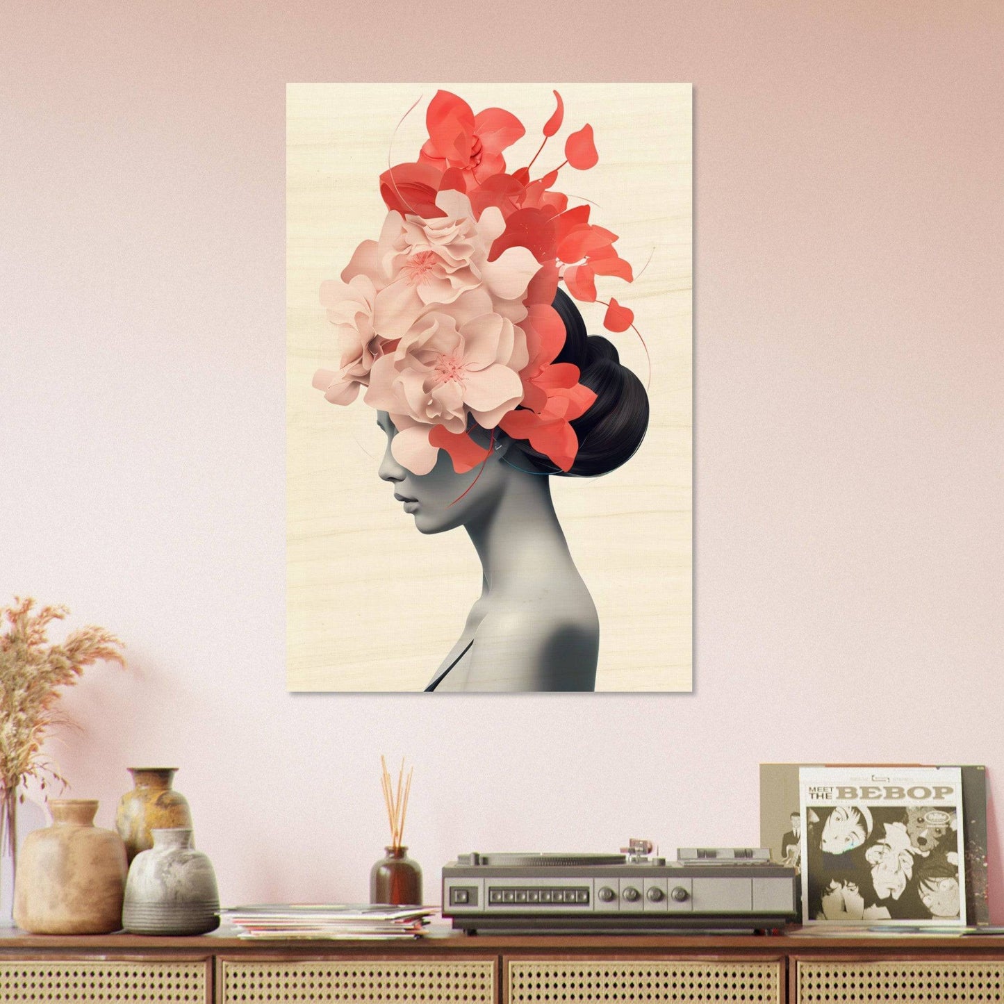 Artistic portrait combining a woman’s profile with vibrant floral elements atop her head.
