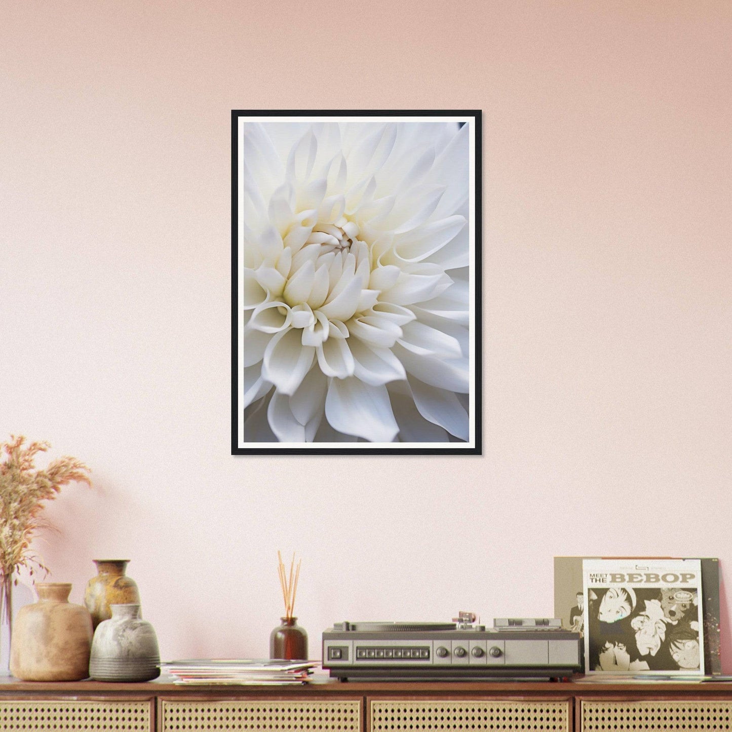 Framed photograph of a white dahlia flower in close-up.