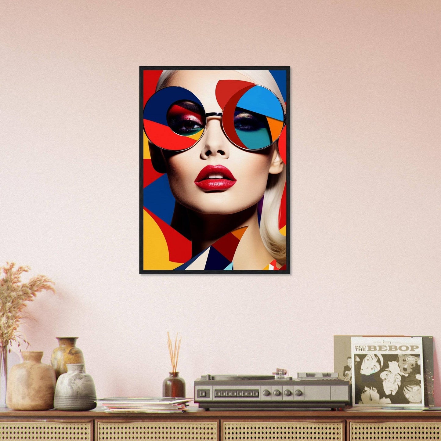 Colorful pop art-style portrait of a person wearing oversized sunglasses and bright red lipstick.