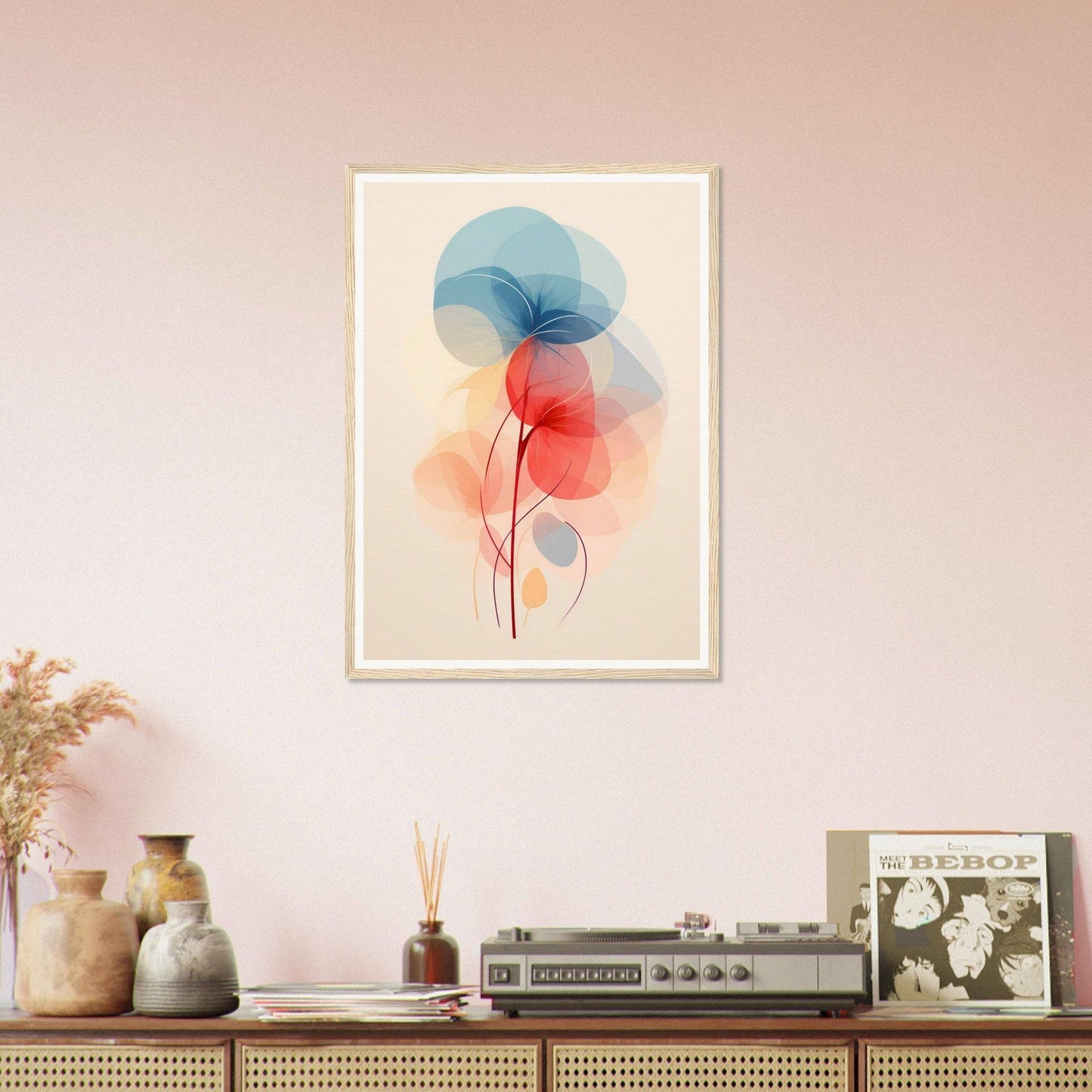 Framed watercolor painting of abstract floral shapes in blue and red.
