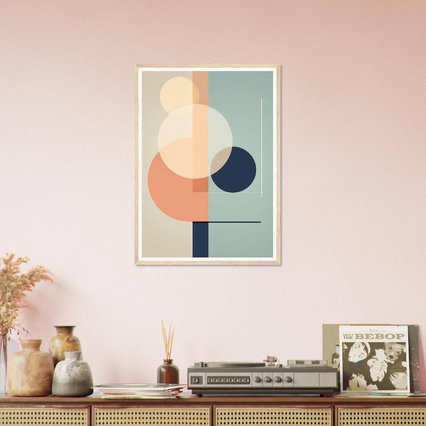 Abstract geometric art print featuring overlapping circles and shapes in muted pastel colors.