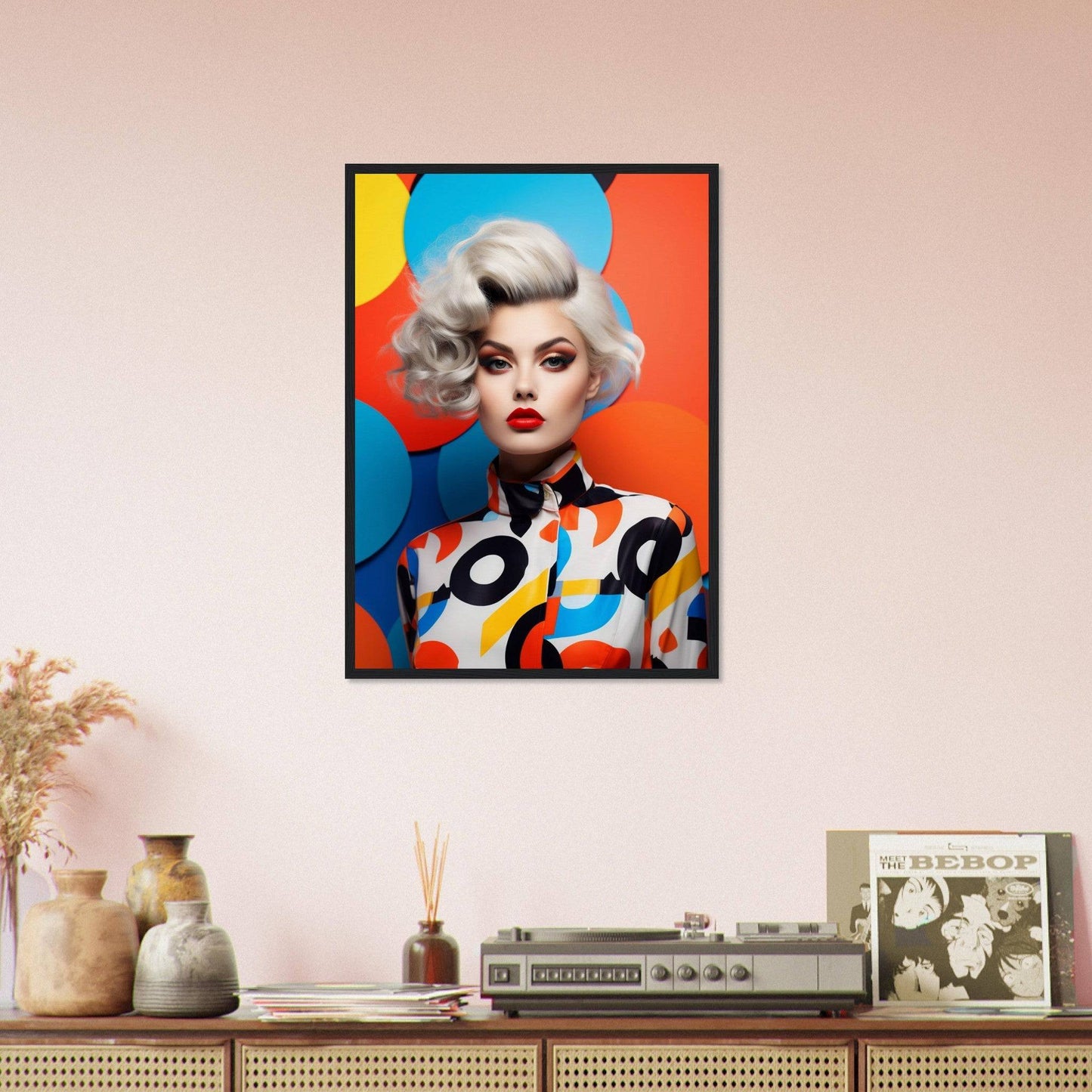 Colorful pop art-style portrait of a woman with platinum blonde hair against a vibrant background.