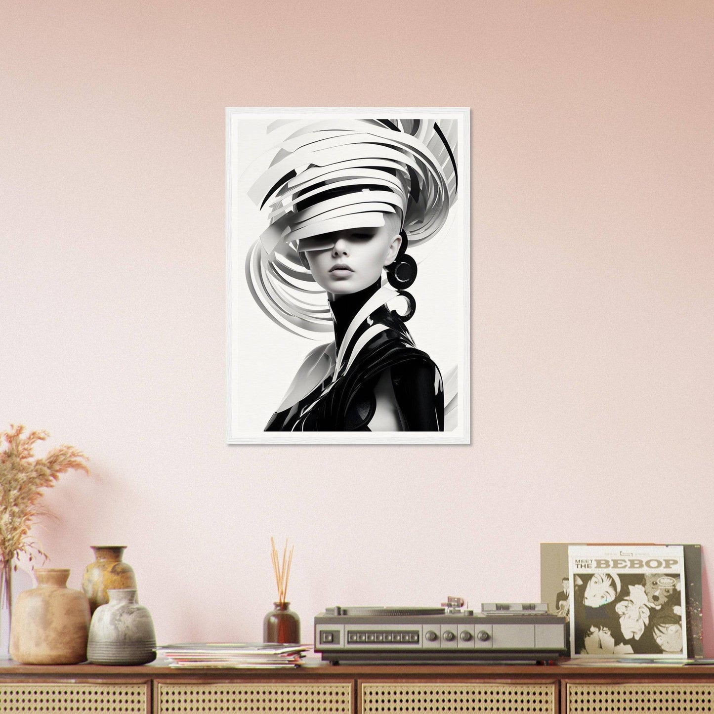 Black and white portrait of a person wearing an elaborate swirling hat that covers their eyes.