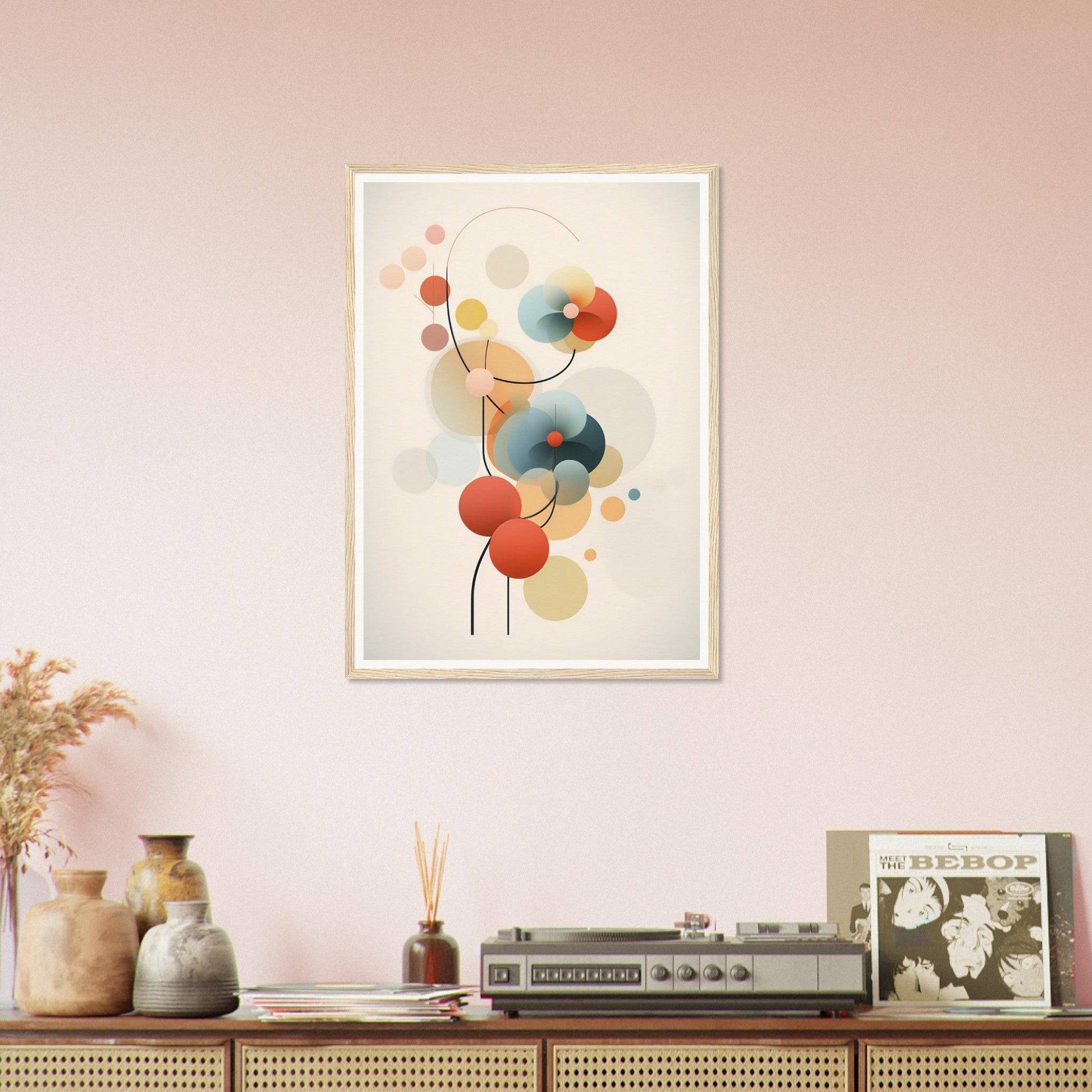 Abstract artwork featuring colorful circular shapes and delicate lines in a framed composition.