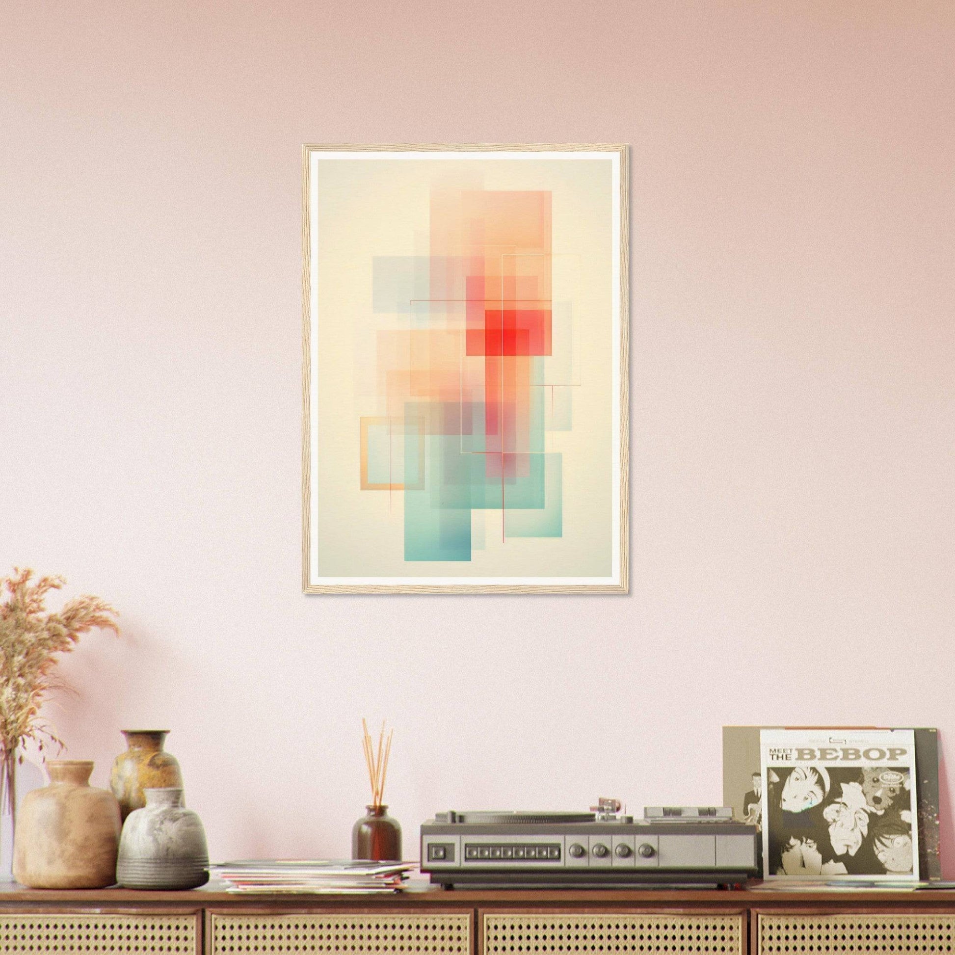 Abstract geometric artwork with soft pastel colors framed on a wall.
