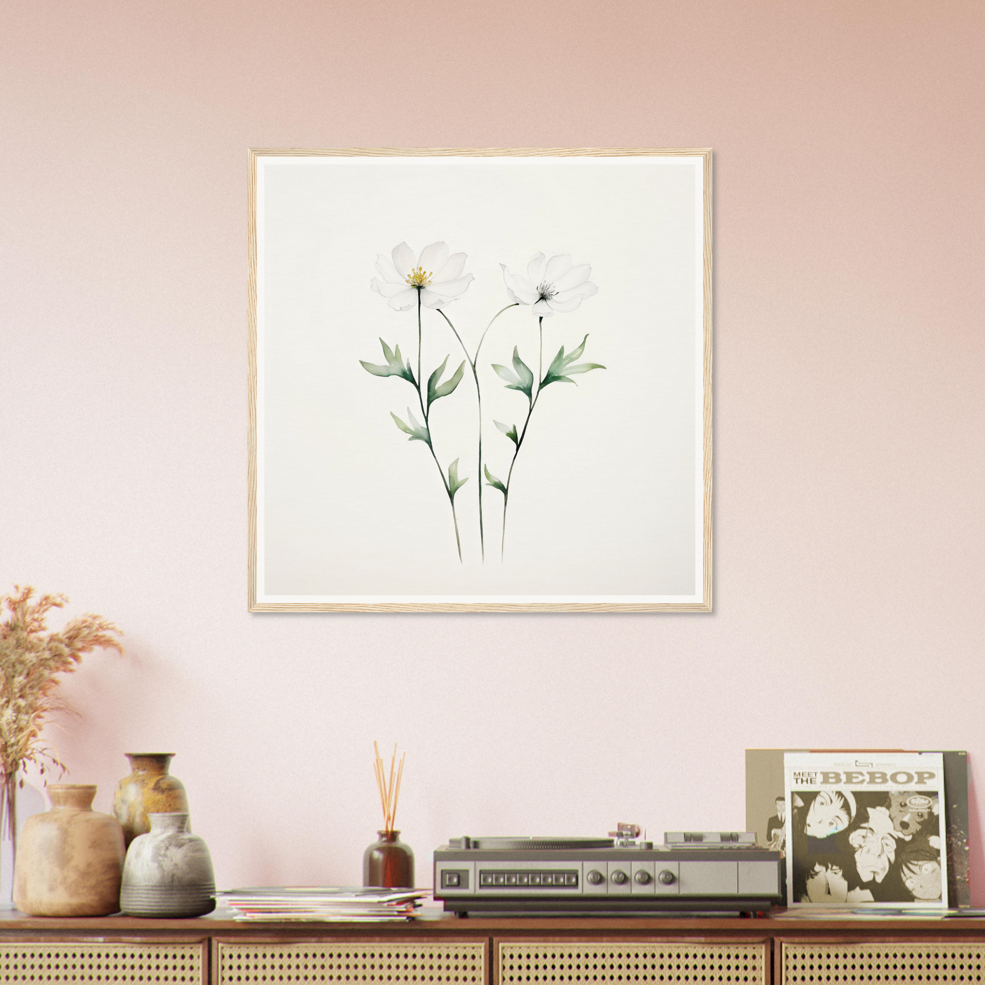 Framed botanical illustration of delicate flowers with stems and leaves on a white background.