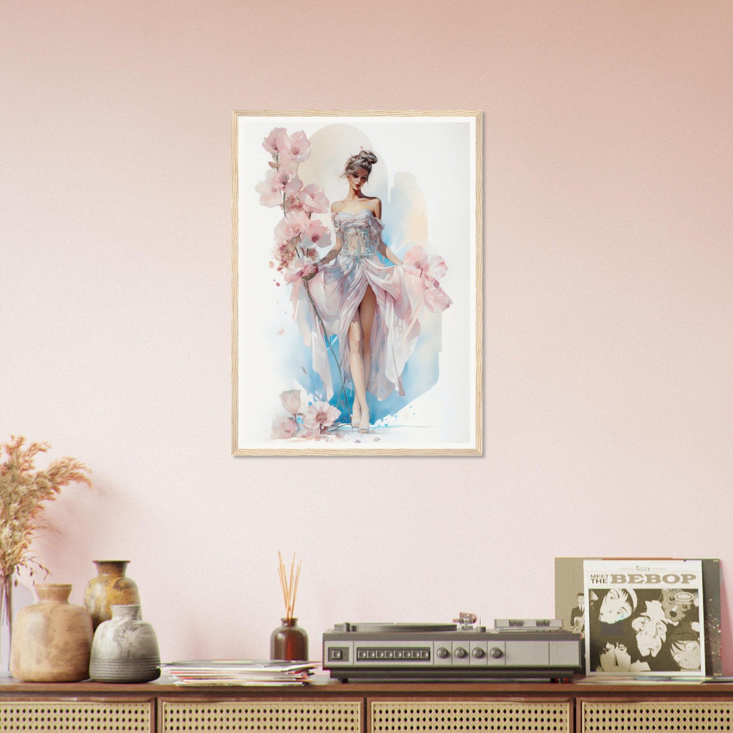 Framed watercolor painting of a ballerina in a flowing dress with pink and blue hues.