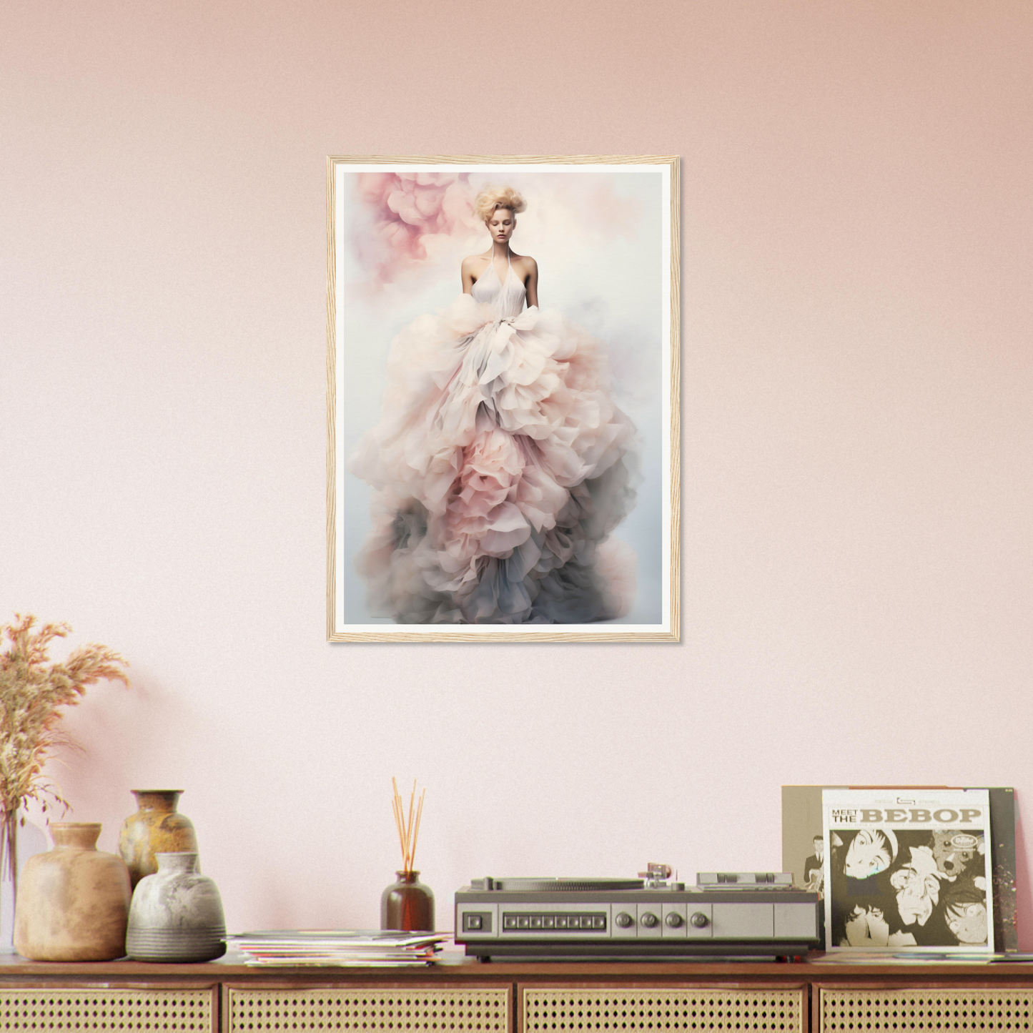 Framed artwork depicting a woman in an ethereal, flowing white gown.