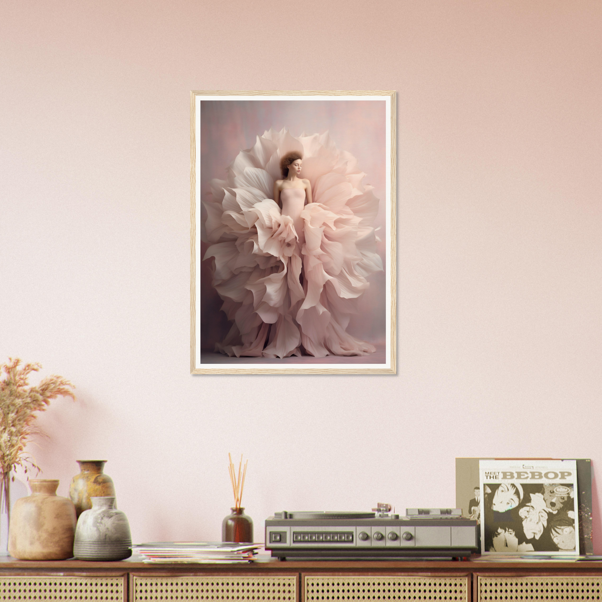 Framed photograph of a figure enveloped in billowing, ethereal fabric.