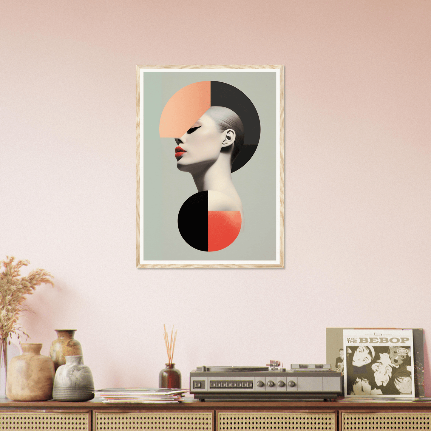 Abstract portrait featuring geometric shapes and contrasting colors in a minimalist style.