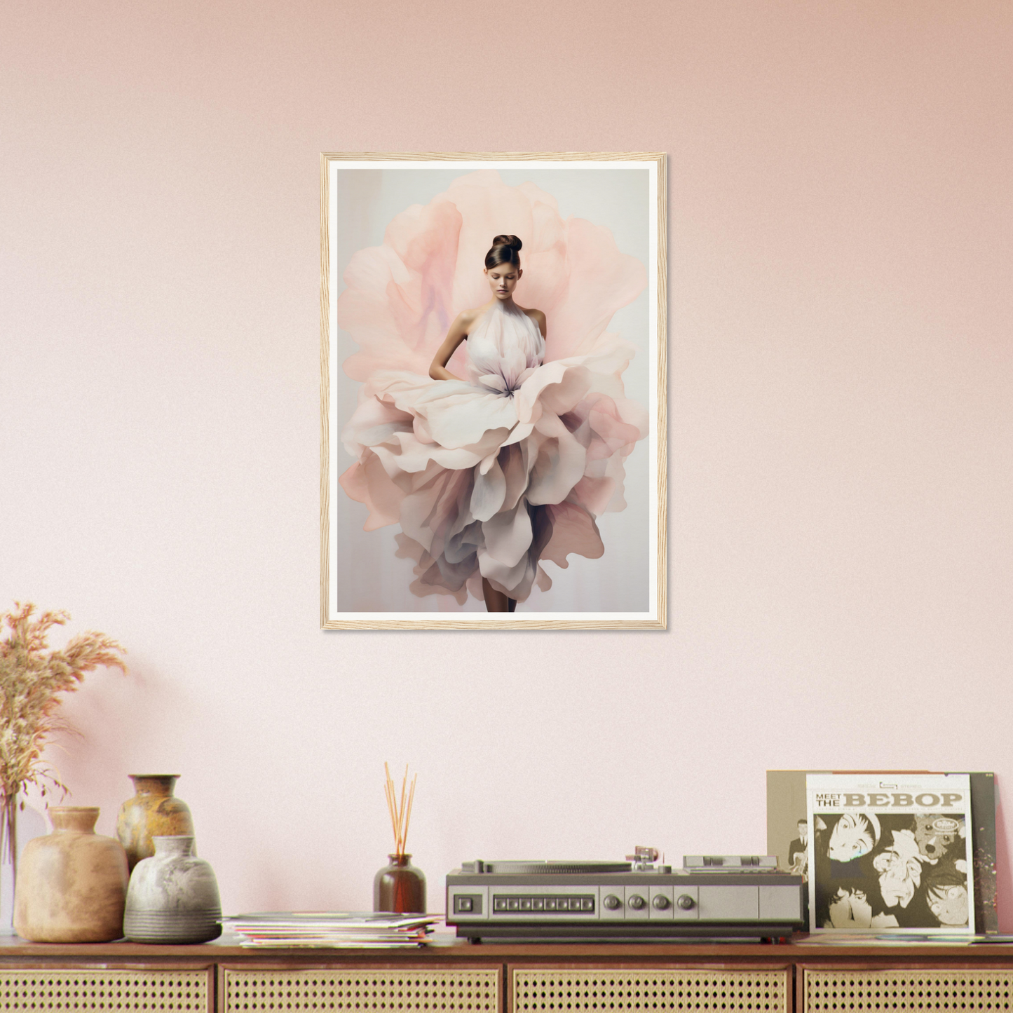 Framed artwork of a ballerina in a flowing, ethereal dress.