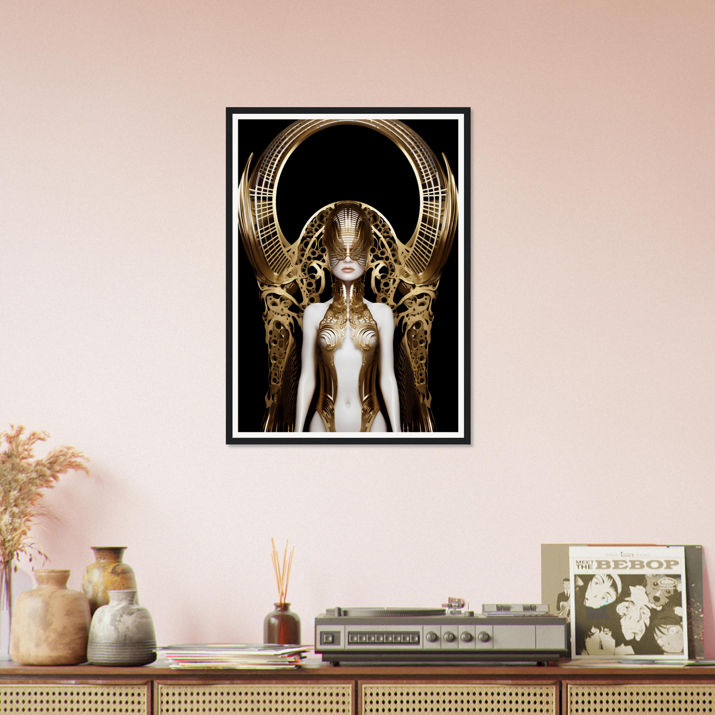 Framed artwork depicting a surreal, golden-adorned figure with an elaborate headdress against a dark background.