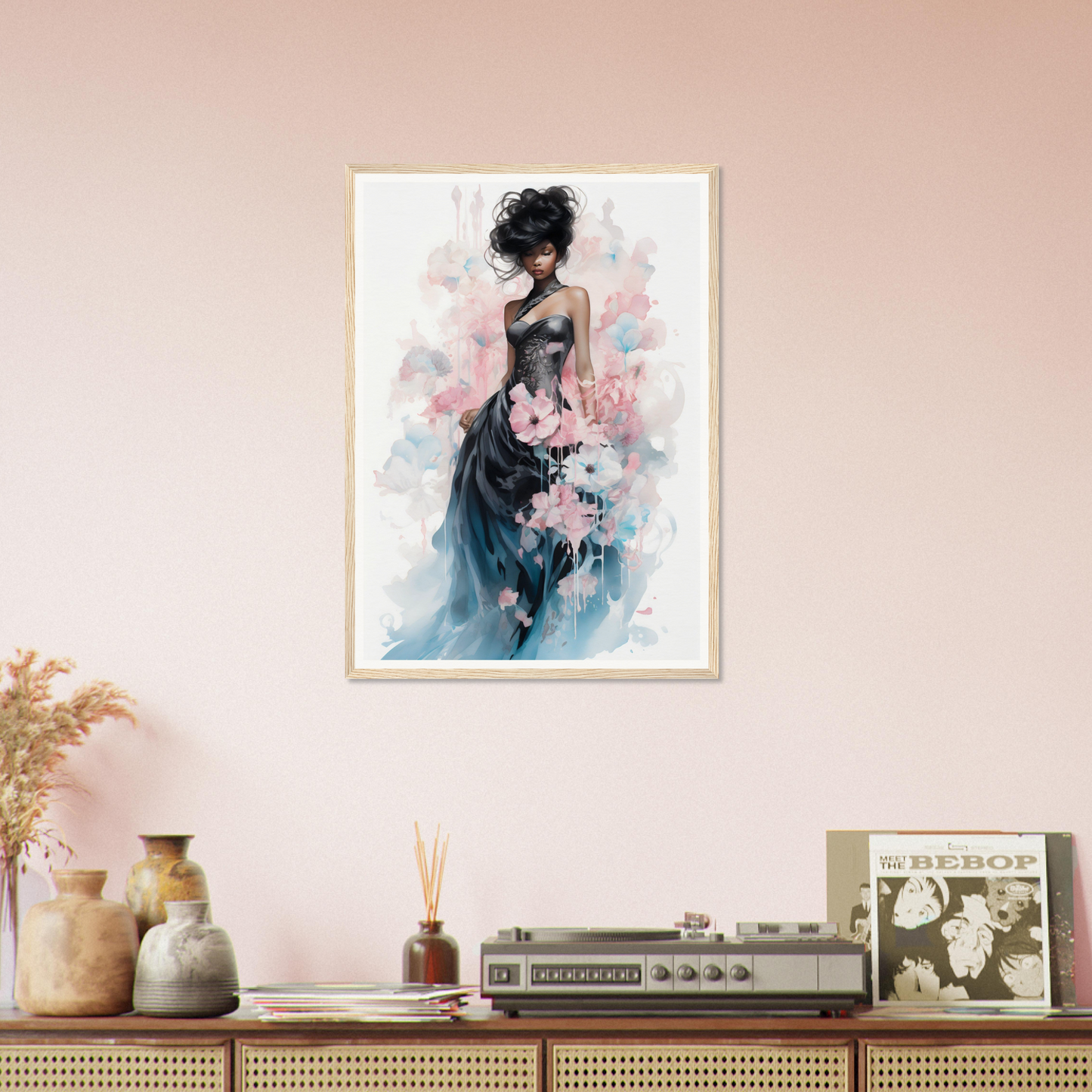 Framed watercolor painting of an elegant woman in a flowing blue dress.