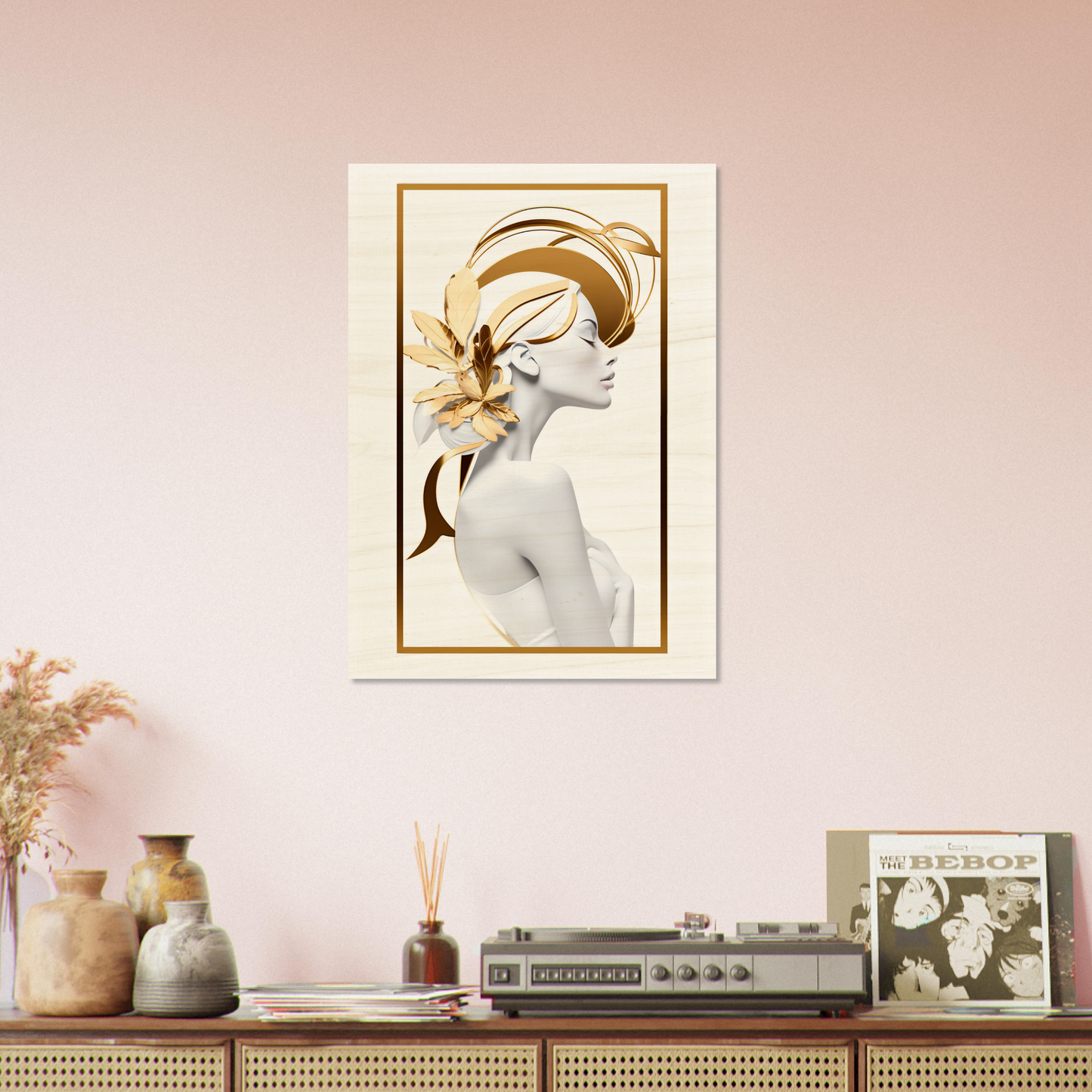 Framed artwork depicting a stylized profile of a woman with a floral headpiece in golden tones.