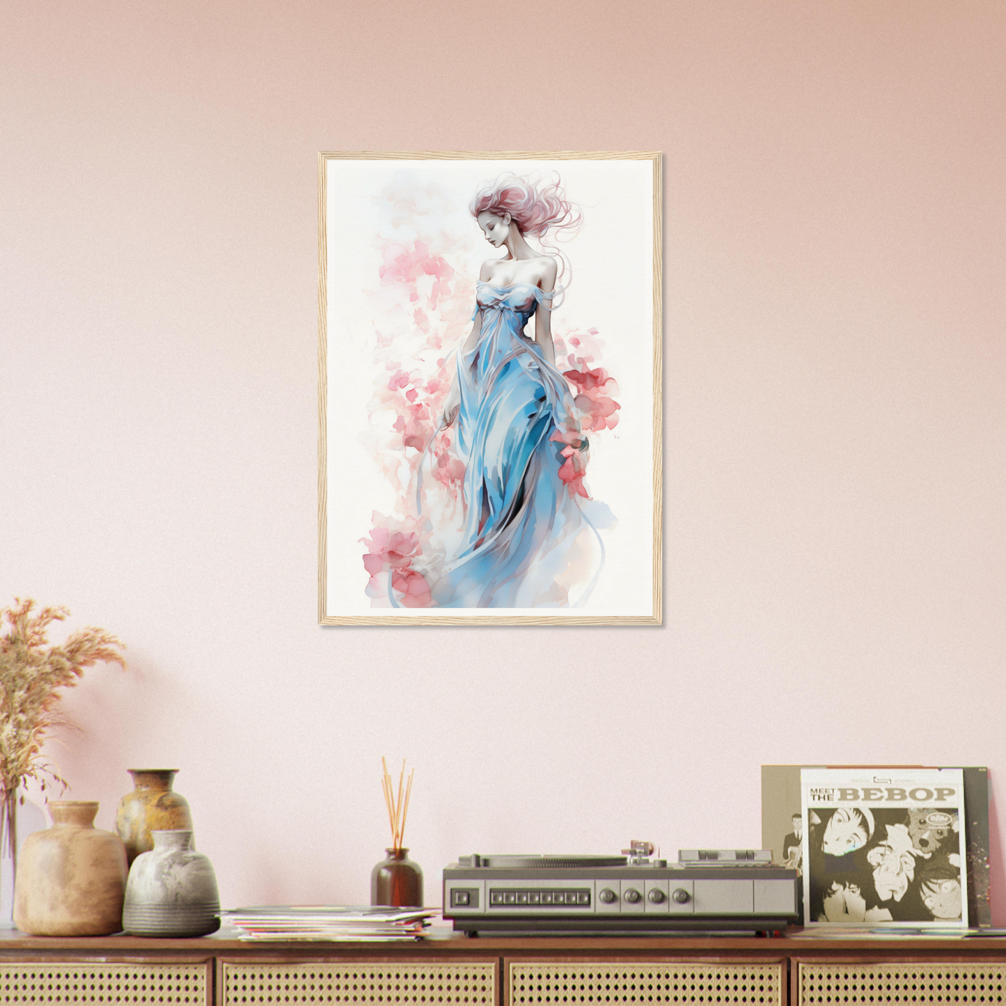 Framed watercolor painting of an elegant woman in a flowing blue dress.