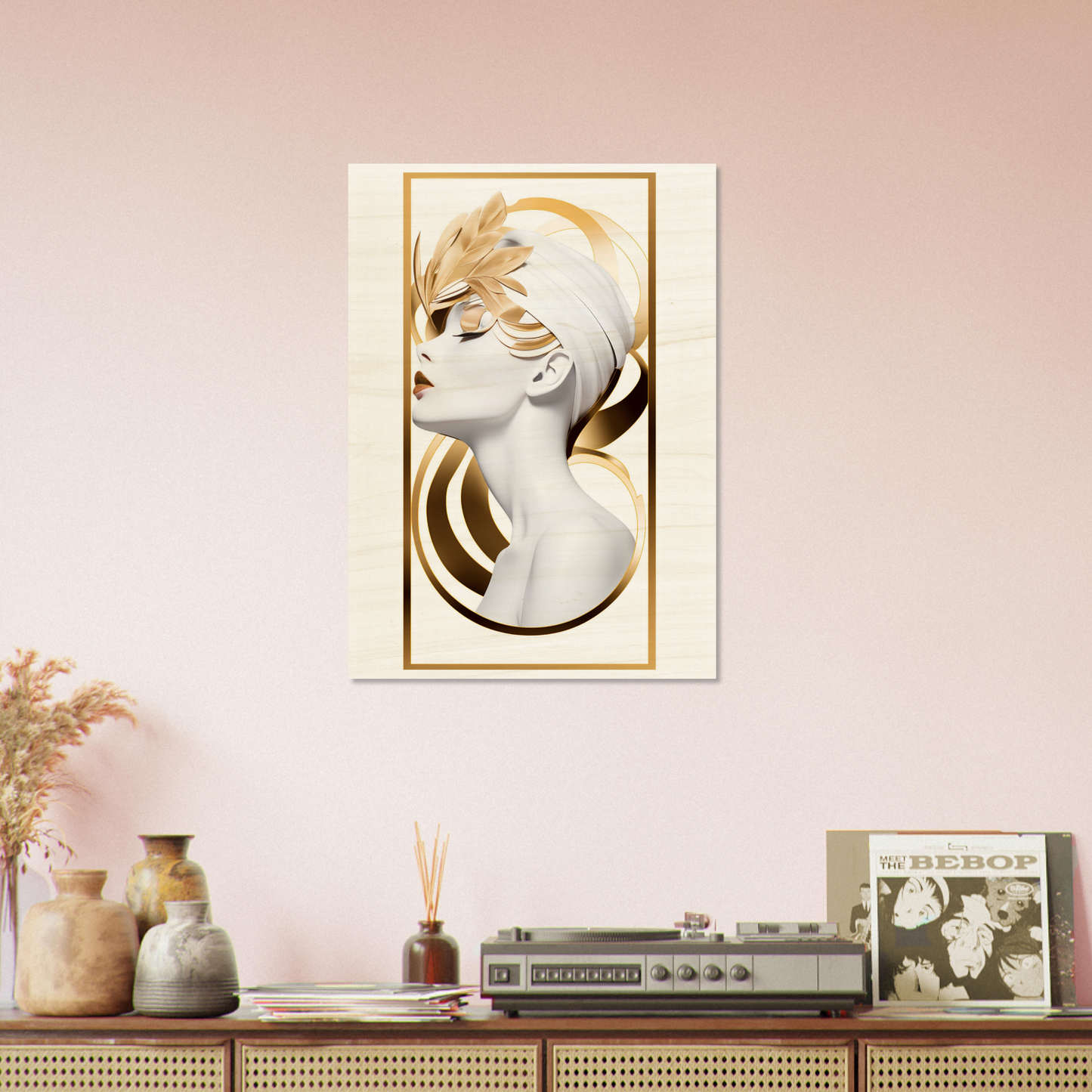 Stylized portrait of a woman with golden accents in an art deco style.
