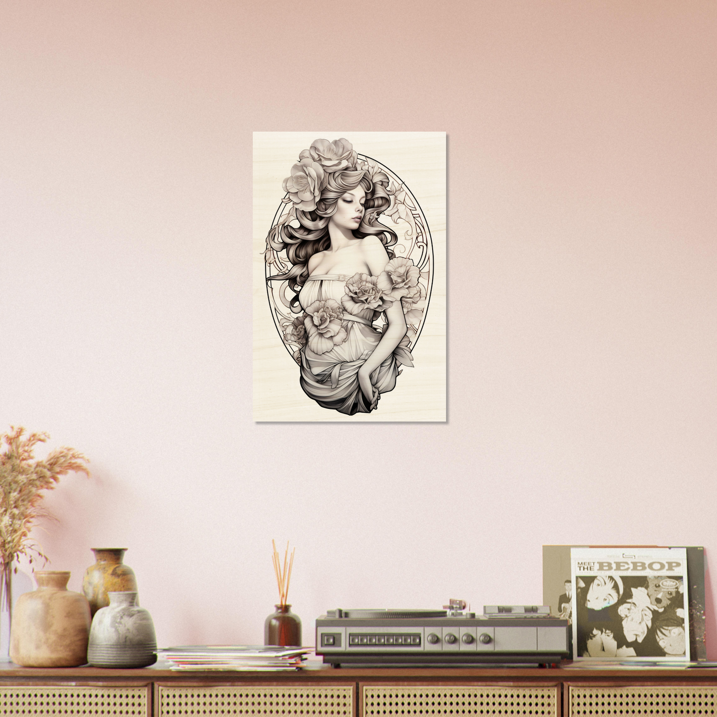 Vintage-style illustration of a woman’s bust with flowing hair in an oval frame, displayed as wall art.
