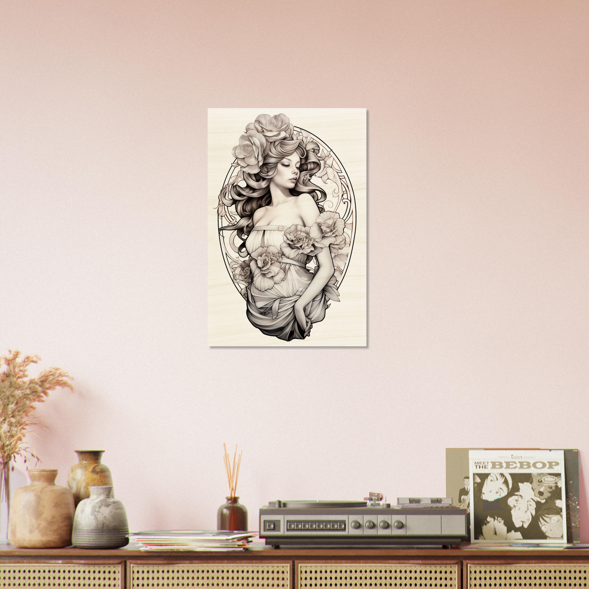 Vintage-style illustration of a woman’s bust with flowing hair in an oval frame, displayed as wall art.