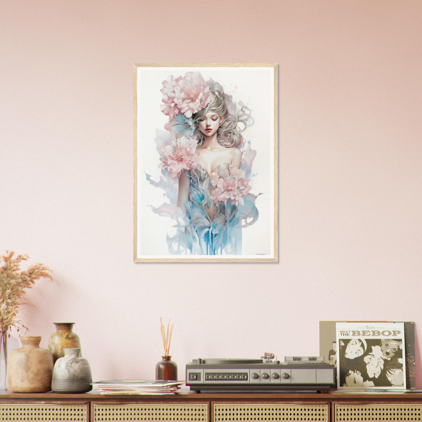 Framed watercolor painting of an ethereal woman with flowers.
