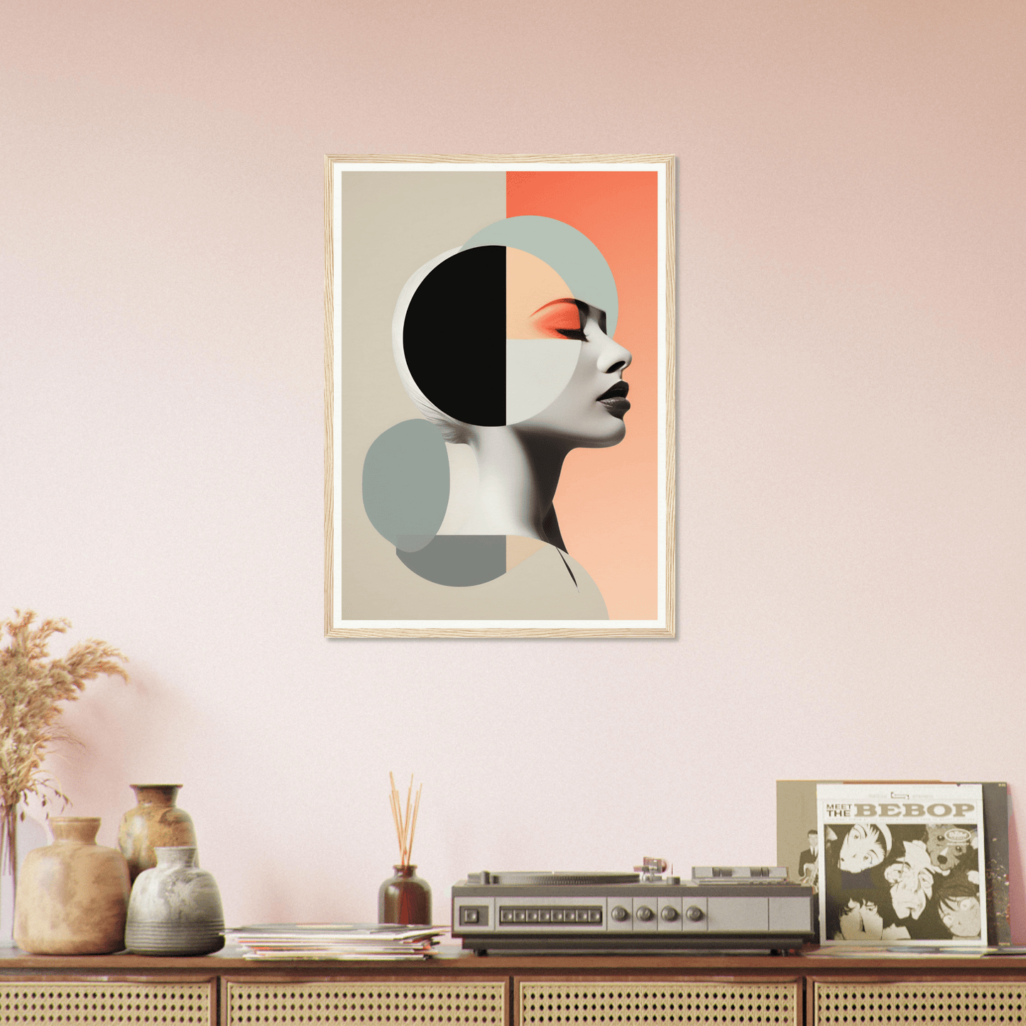 Abstract geometric portrait of a profile face in muted colors.