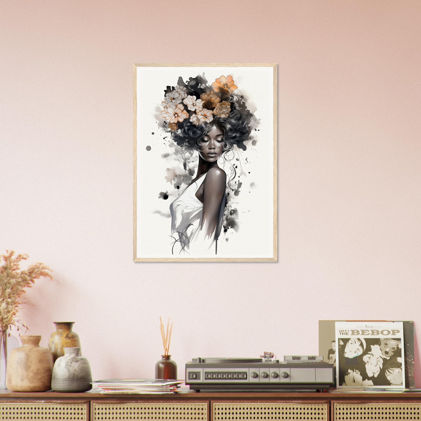 A black woman with flowers on her head, perfect for my Original Ouplence The Oracle Windows™ Collection wall poster.