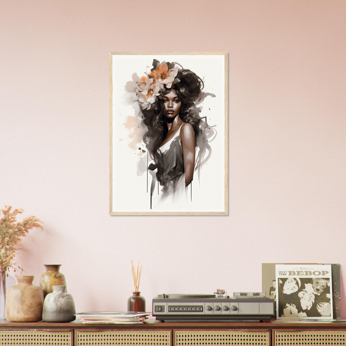 Artistic portrait of a woman with abstract elements and a dramatic hat, rendered in muted tones and displayed as wall art.