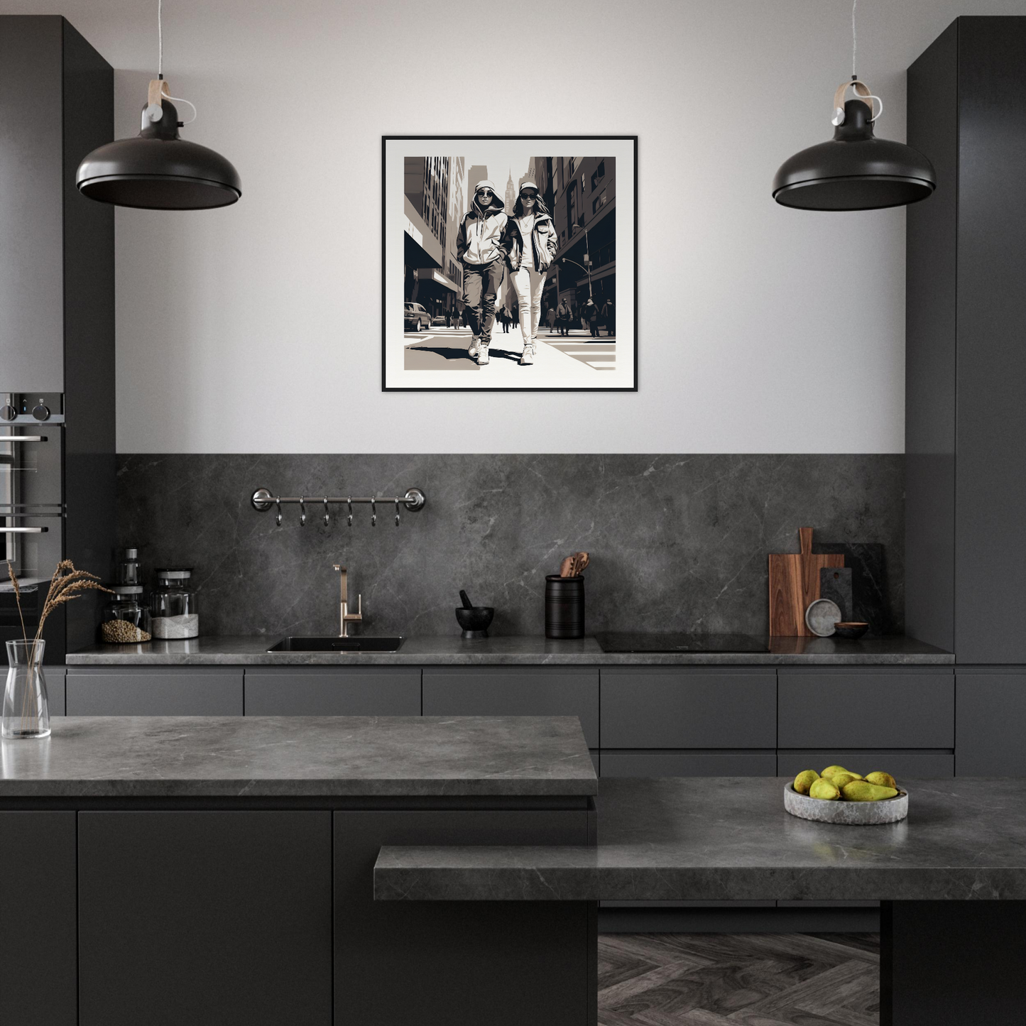 Modern dark gray kitchen featuring Metropolis Footprints Drifting art and industrial lights