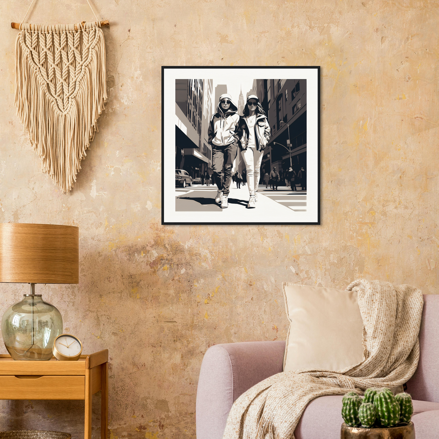 Black and white framed photo of Metropolis Footprints Drifting beside macramé and lamp