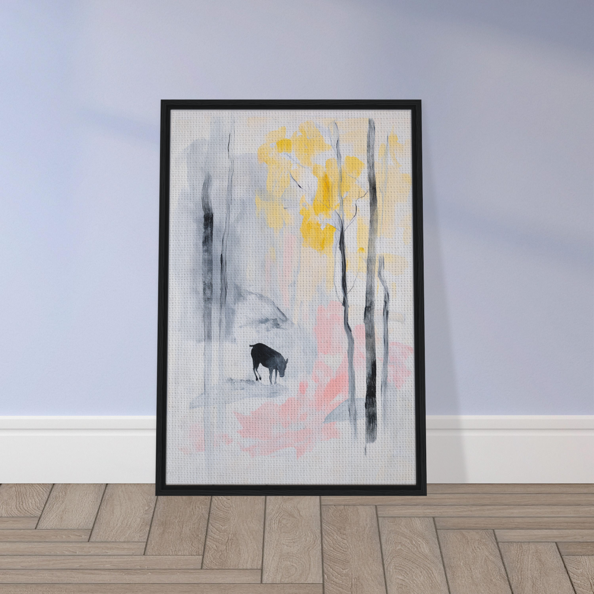 Framed canvas print of a deer silhouette in a misty forest, Mindful Goat Reverie