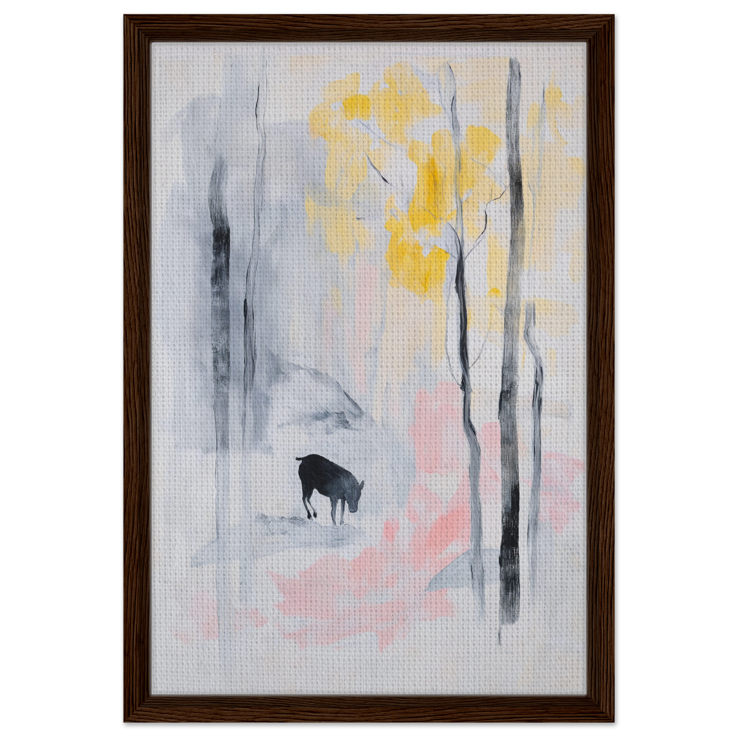 Abstract painting of a deer-like silhouette in a misty forest for Mindful Goat Reverie decor
