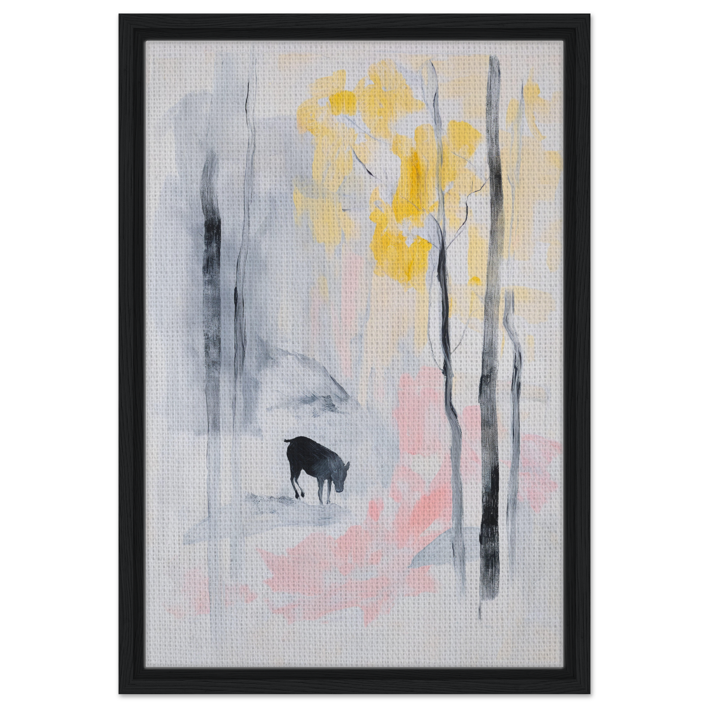 Abstract painting of a deer silhouette in a misty forest from Mindful Goat Reverie