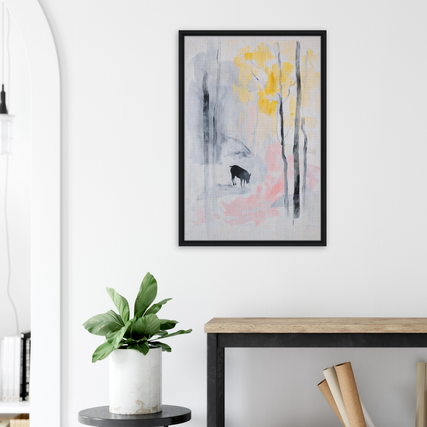 Framed canvas print of a bison silhouette in misty forest, Mindful Goat Reverie