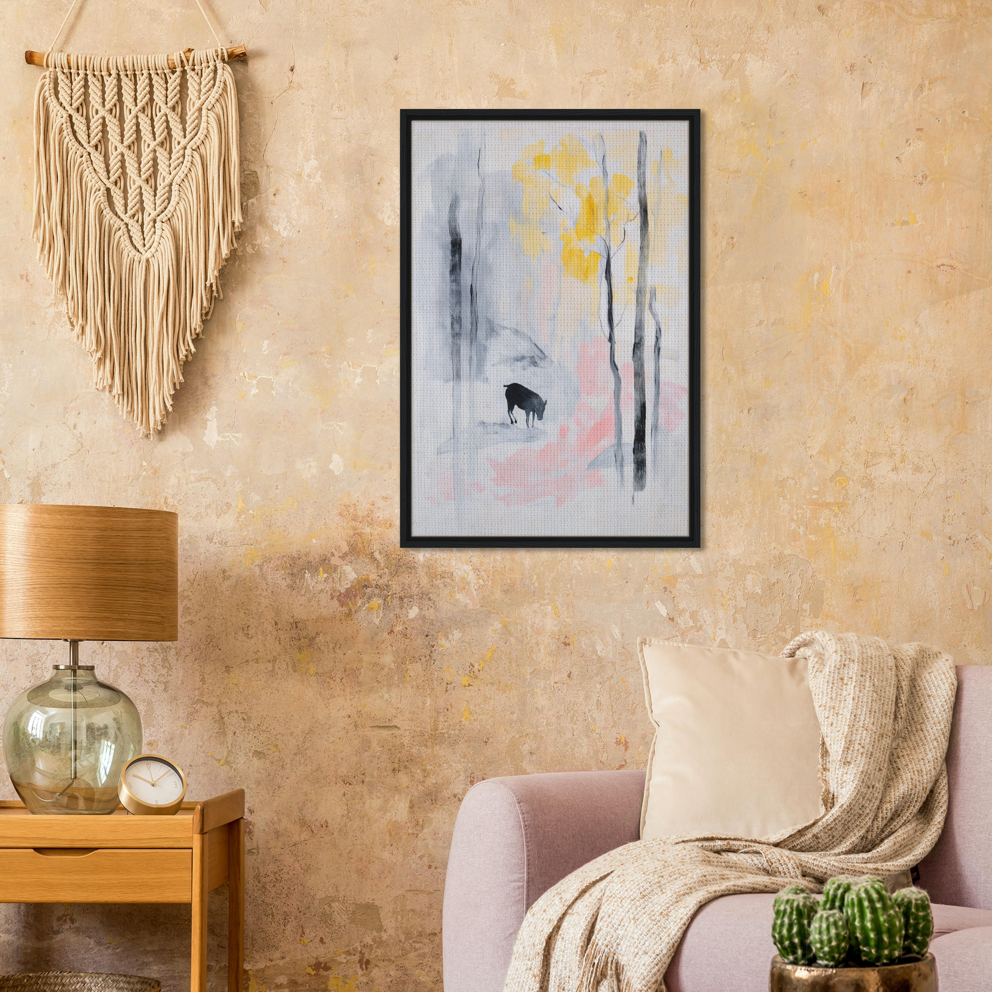 Framed canvas print of Mindful Goat Reverie with abstract art and a dark figure