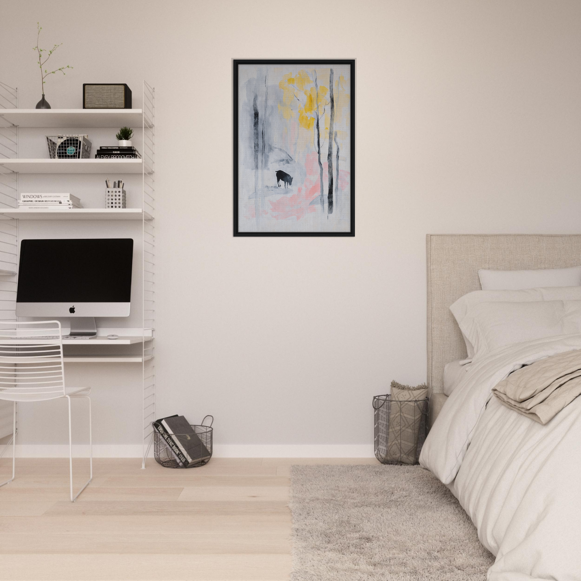 Minimalist bedroom featuring white walls and abstract art from Mindful Goat Reverie