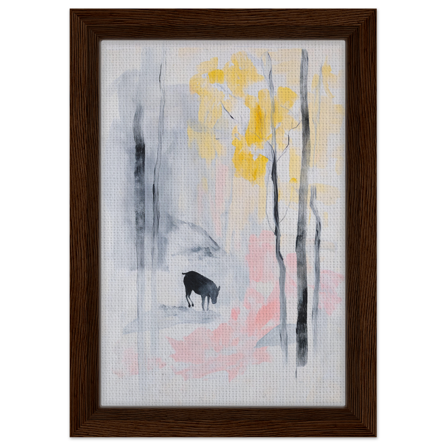 Abstract painting of deer-like silhouette in misty forest for Mindful Goat Reverie room decor