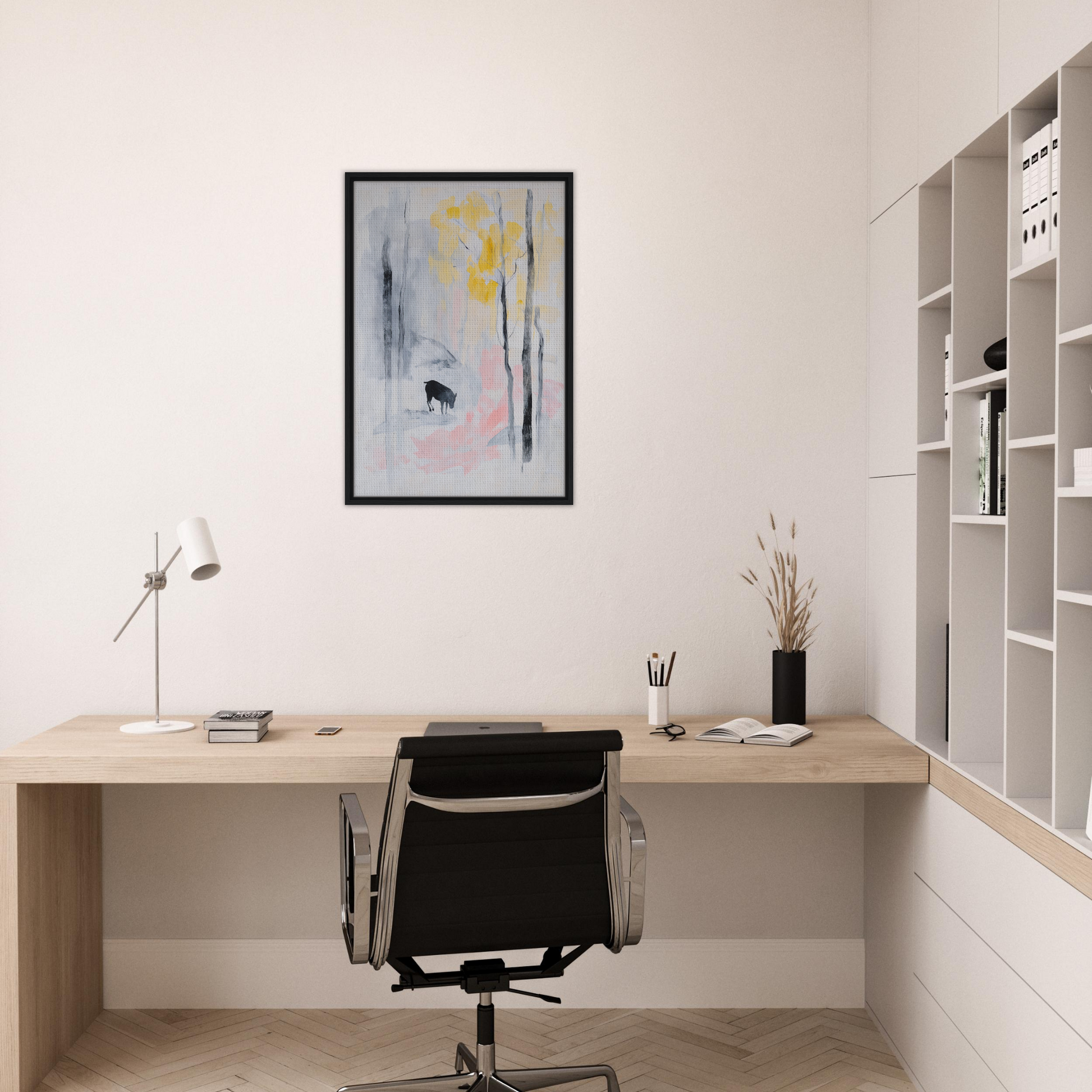 Minimalist home office featuring Mindful Goat Reverie decor with wooden desk and abstract art