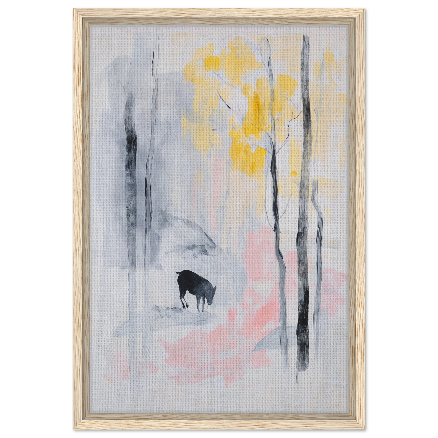 Abstract painting of a deer-like silhouette in a misty forest for Mindful Goat Reverie room decor