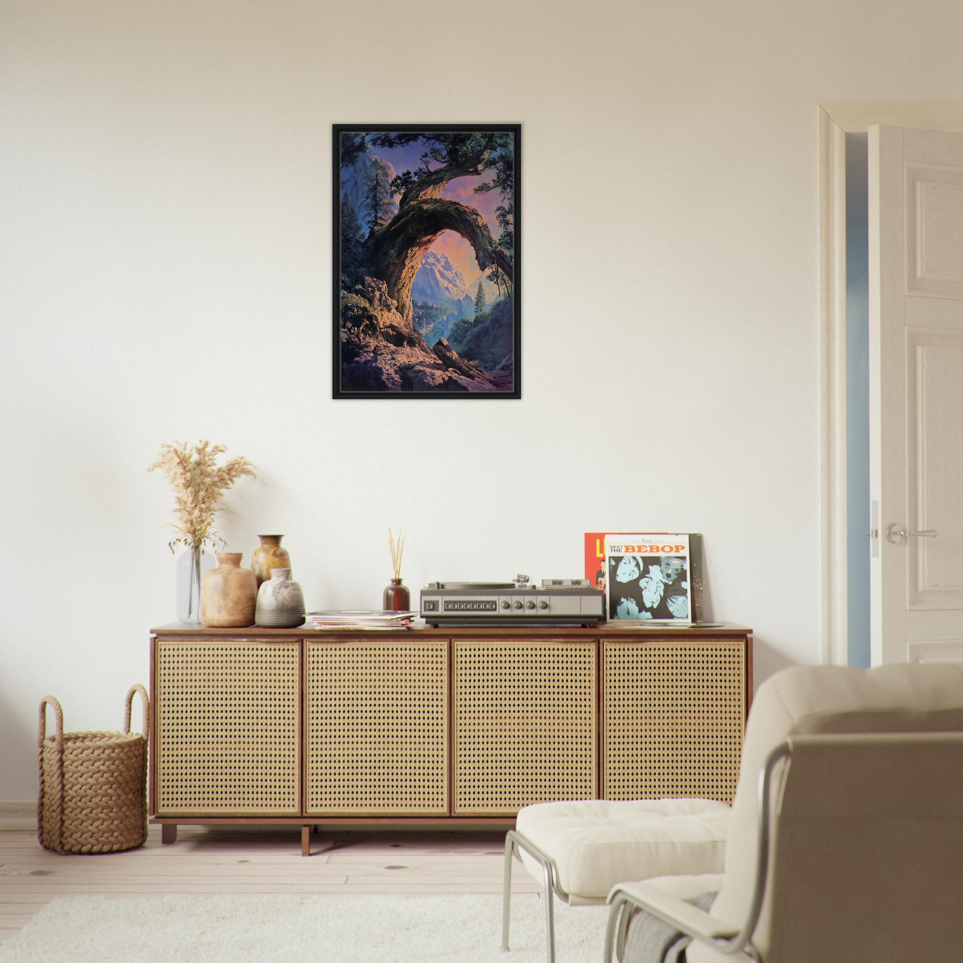 Wooden sideboard with cane doors and decor enhancing the Mist Vortex Gateway room decor