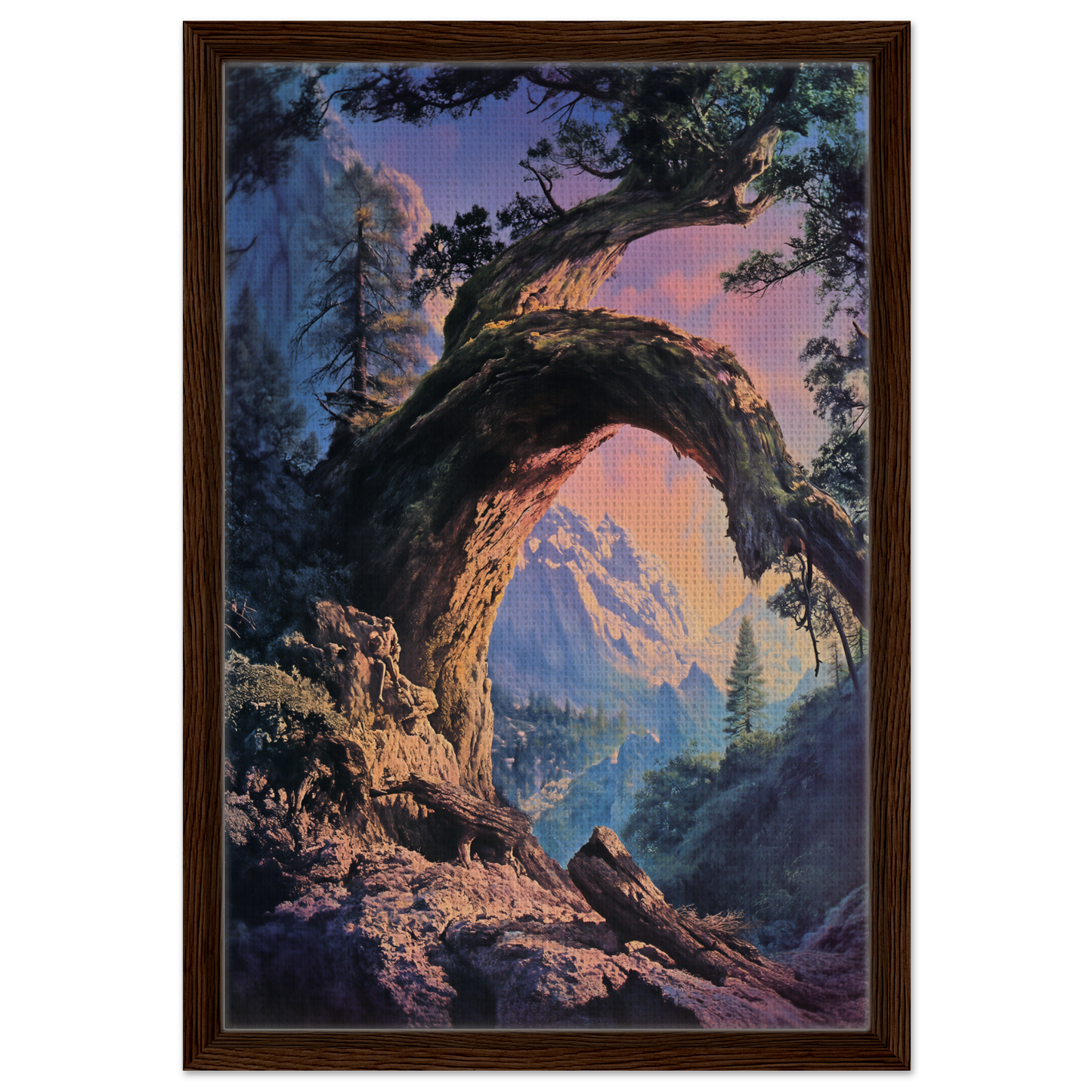 Natural rock arch framing a mountain vista in Mist Vortex Gateway framed canvas print