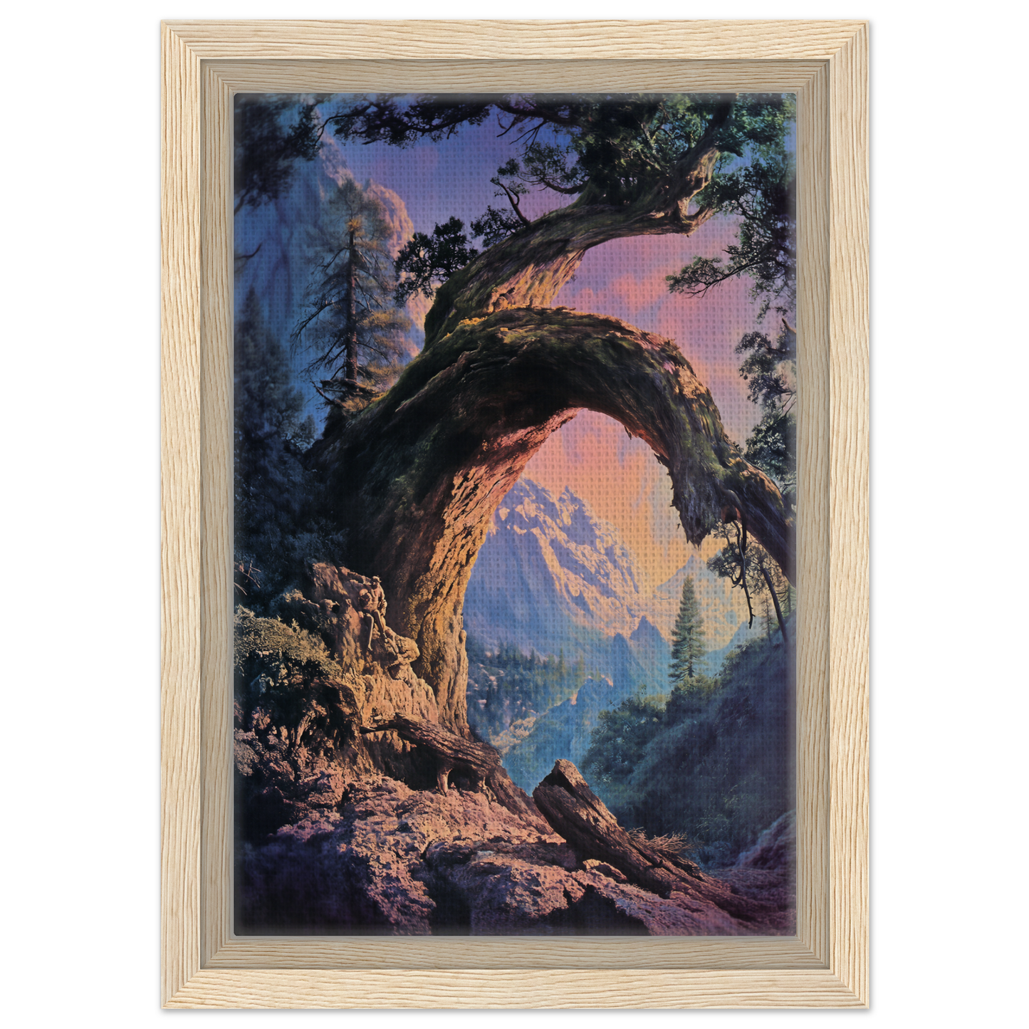 Fantastical arched tree formation framing mountain vista in Mist Vortex Gateway framed canvas print