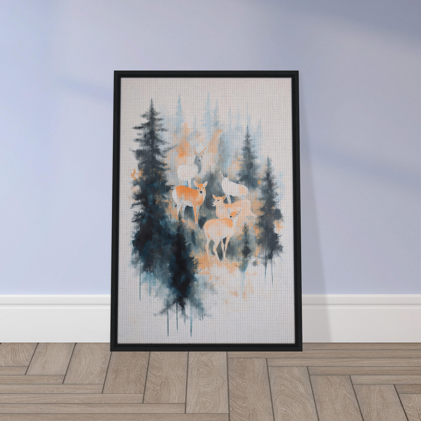 Framed canvas print of misted deer ballet in a serene forest silhouette