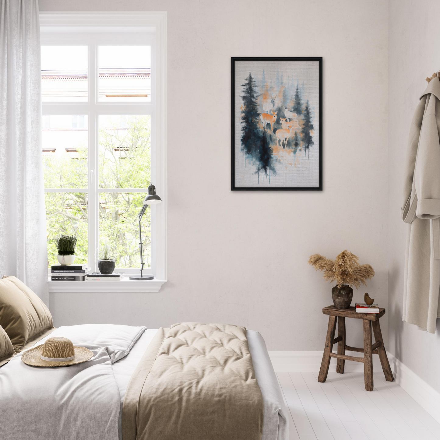 Cozy bedroom featuring Misted Deere Ballet framed canvas print with nature-inspired decor