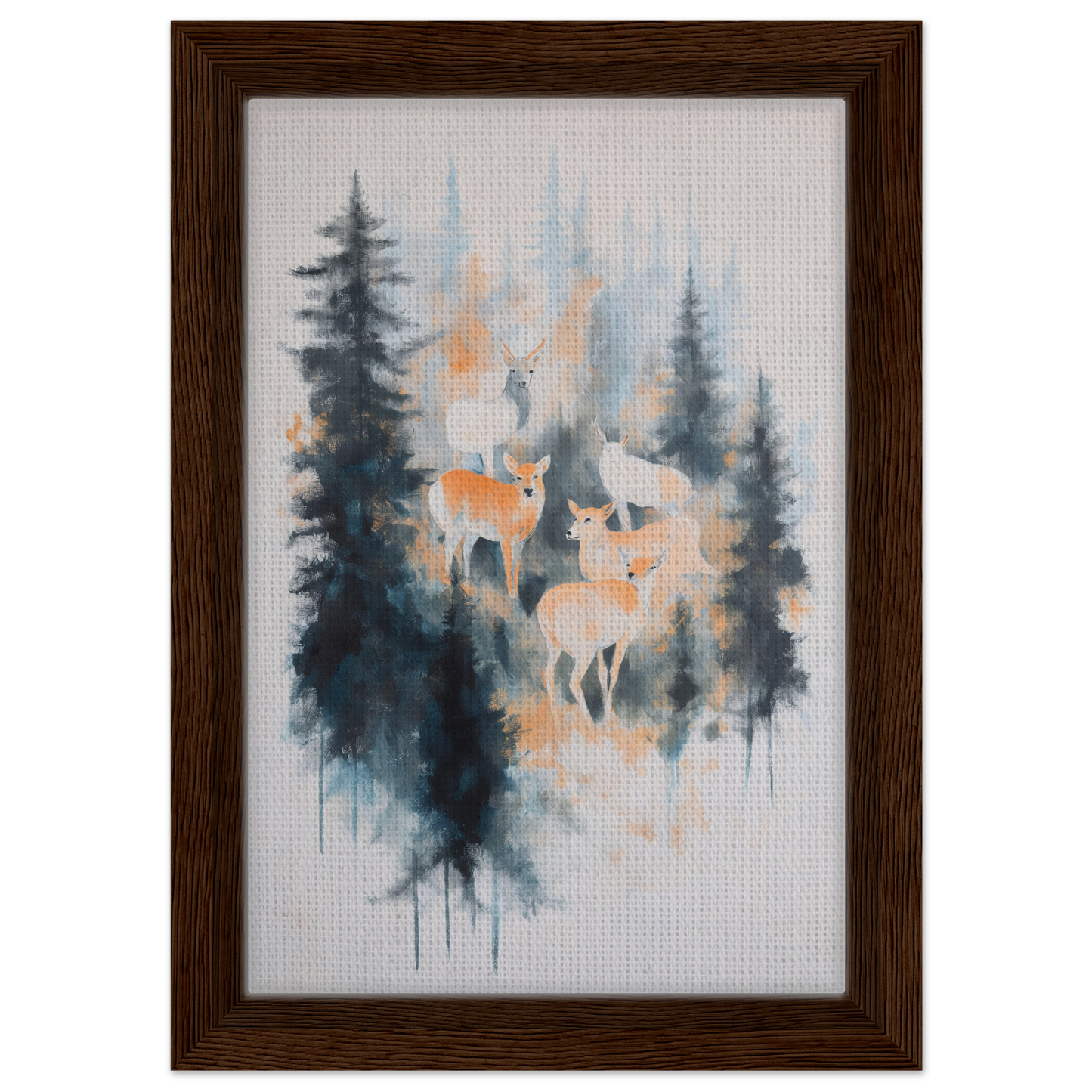 Framed painting of misted deer ballet among pine trees for elegant room decor