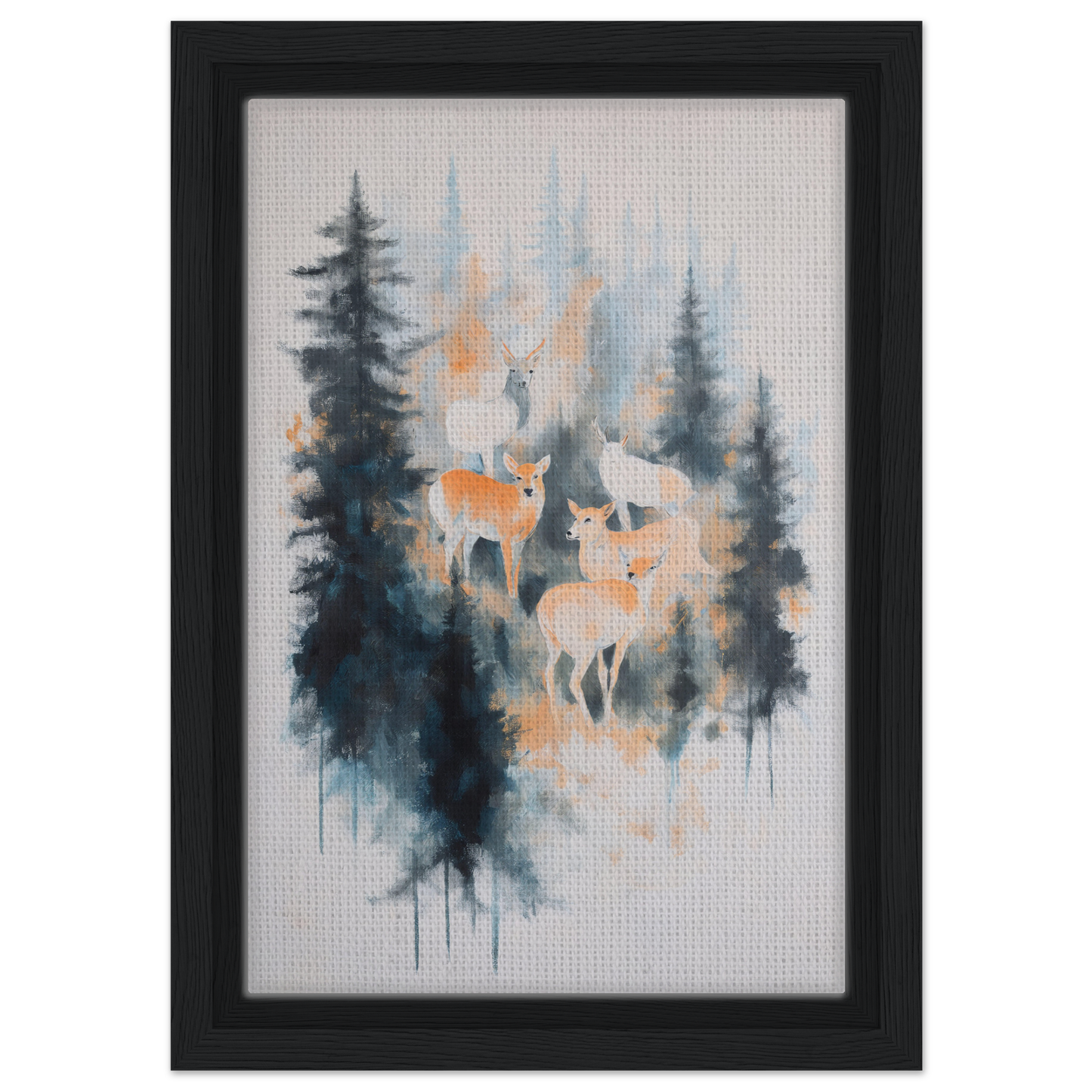 Framed watercolor painting of misted deer ballet in a serene forest for elegant room decor