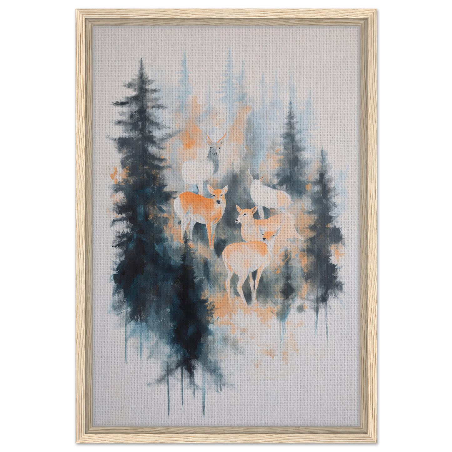 Framed watercolor painting of misted deer ballet in a serene forest for room decor