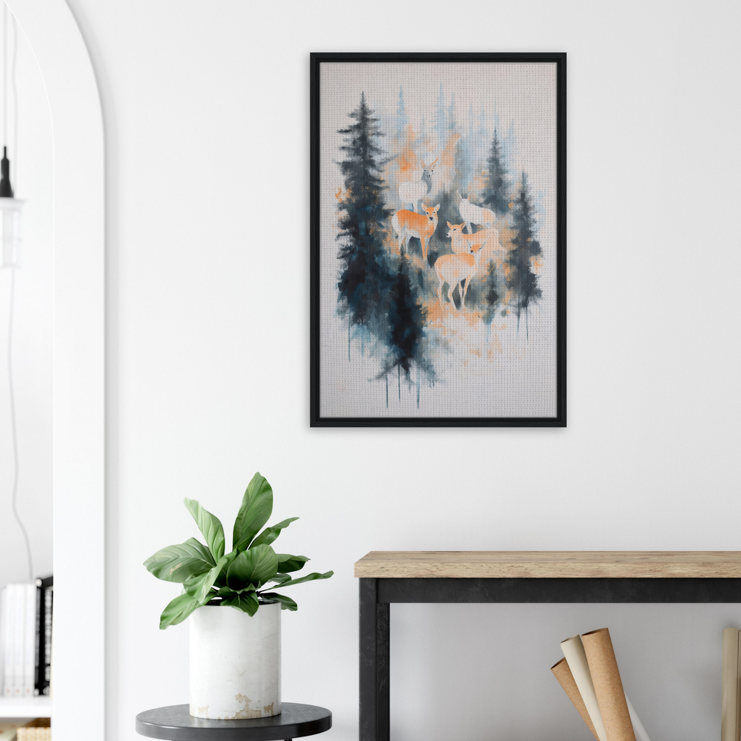 Framed watercolor painting of a misted deer ballet in a serene forest for room decor