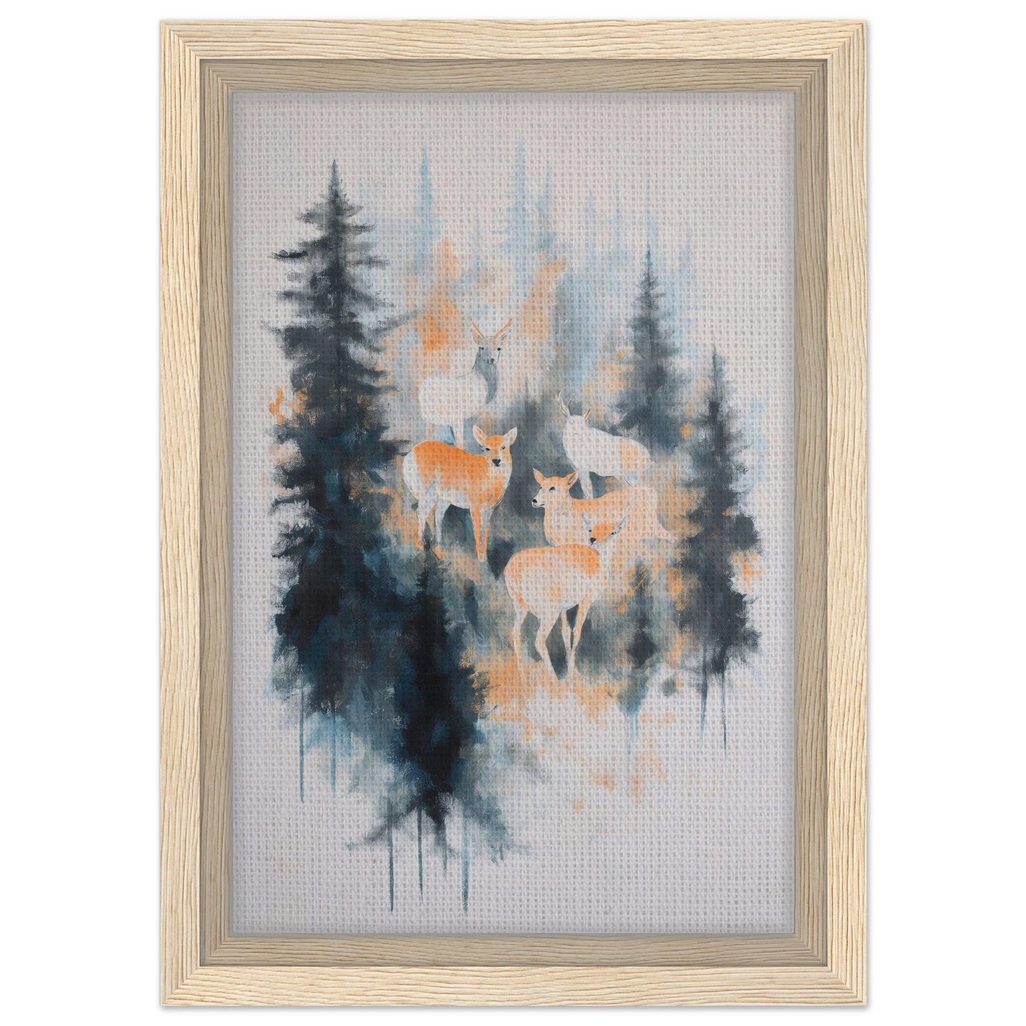 Framed canvas print of Misted Deer Ballet featuring deer in a misty forest